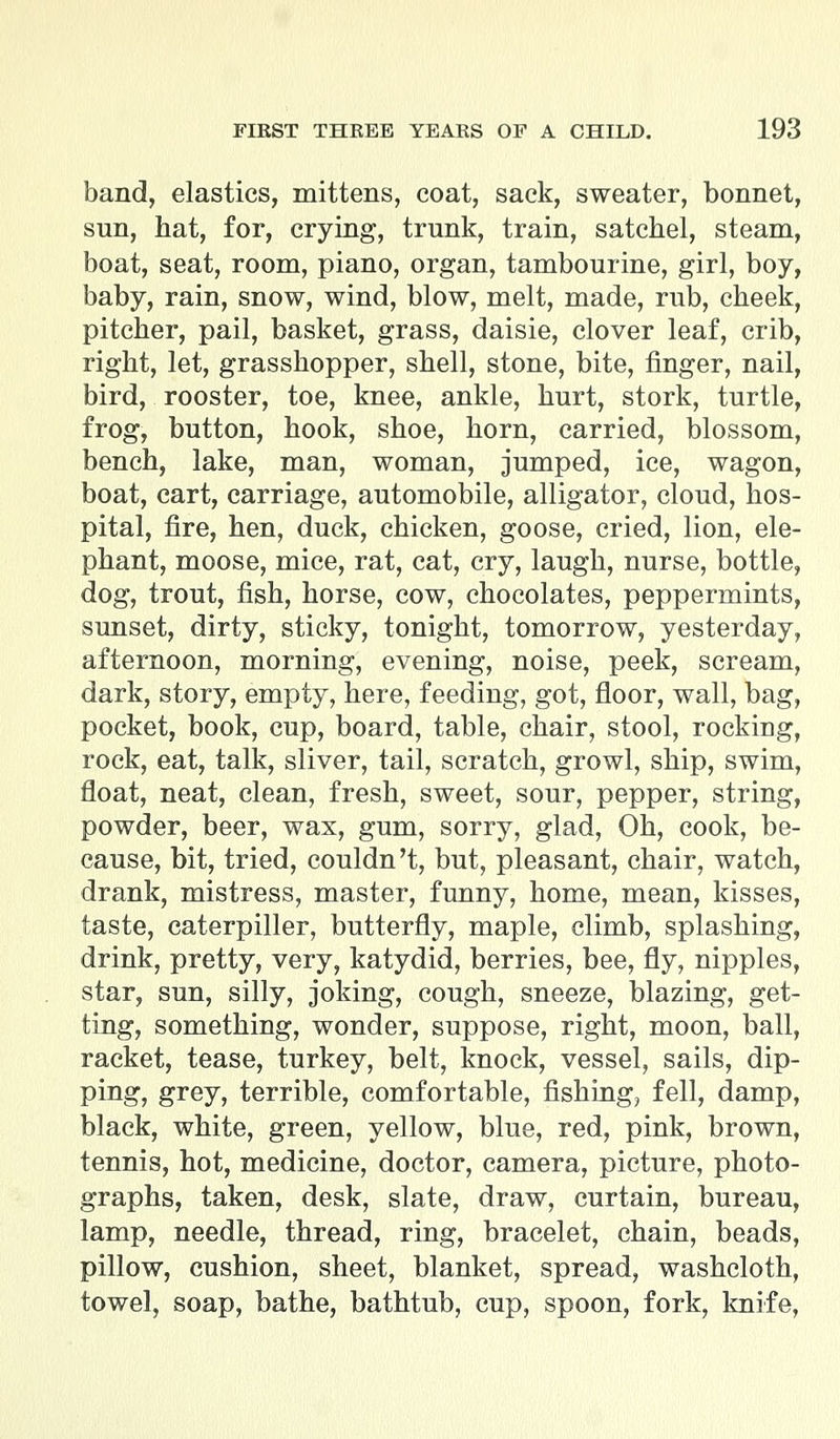 band, elastics, mittens, coat, sack, sweater, bonnet, sun, hat, for, crying, trunk, train, satchel, steam, boat, seat, room, piano, organ, tambourine, girl, boy, baby, rain, snow, wind, blow, melt, made, rub, cheek, pitcher, pail, basket, grass, daisie, clover leaf, crib, right, let, grasshopper, shell, stone, bite, finger, nail, bird, rooster, toe, knee, ankle, hurt, stork, turtle, frog, button, hook, shoe, horn, carried, blossom, bench, lake, man, woman, jumped, ice, wagon, boat, cart, carriage, automobile, alligator, cloud, hos- pital, fire, hen, duck, chicken, goose, cried, lion, ele- phant, moose, mice, rat, cat, cry, laugh, nurse, bottle, dog, trout, fish, horse, cow, chocolates, peppermints, sunset, dirty, sticky, tonight, tomorrow, yesterday, afternoon, morning, evening, noise, peek, scream, dark, story, empty, here, feeding, got, floor, wall, bag, pocket, book, cup, board, table, chair, stool, rocking, rock, eat, talk, sliver, tail, scratch, growl, ship, swim, float, neat, clean, fresh, sweet, sour, pepper, string, powder, beer, wax, gum, sorry, glad, Oh, cook, be- cause, bit, tried, couldn't, but, pleasant, chair, watch, drank, mistress, master, funny, home, mean, kisses, taste, caterpiller, butterfly, maple, climb, splashing, drink, pretty, very, katydid, berries, bee, fly, nipples, star, sun, silly, joking, cough, sneeze, blazing, get- ting, something, wonder, suppose, right, moon, ball, racket, tease, turkey, belt, knock, vessel, sails, dip- ping, grey, terrible, comfortable, fishing, fell, damp, black, white, green, yellow, blue, red, pink, brown, tennis, hot, medicine, doctor, camera, picture, photo- graphs, taken, desk, slate, draw, curtain, bureau, lamp, needle, thread, ring, bracelet, chain, beads, pillow, cushion, sheet, blanket, spread, washcloth, towel, soap, bathe, bathtub, cup, spoon, fork, knife,