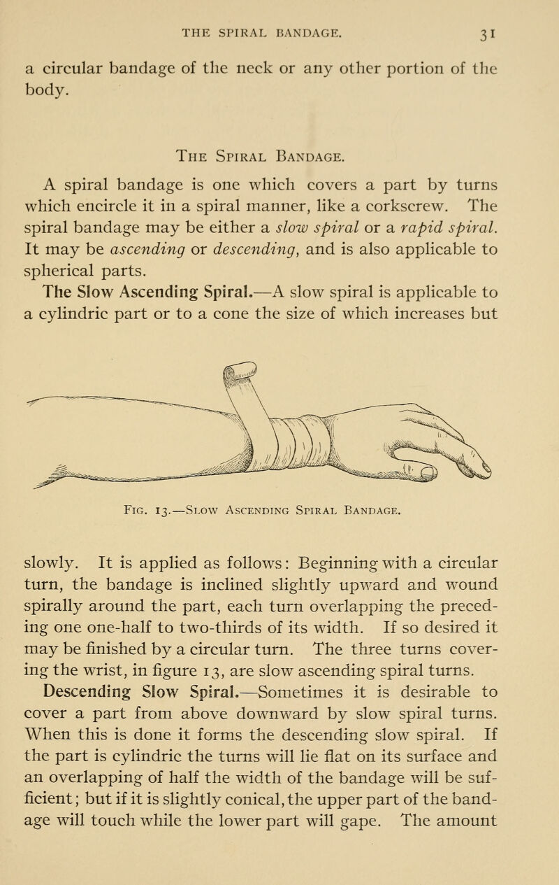 a circular bandage of the neck or any other portion of the body. The Spiral Bandage. A spiral bandage is one which covers a part by turns which encircle it in a spiral manner, like a corkscrew. The spiral bandage may be either a slow spiral or a rapid spiral. It may be ascending or descending, and is also applicable to spherical parts. The Slow Ascending Spiral.—A slow spiral is applicable to a cylindric part or to a cone the size of which increases but Fig. 13.—Slow Ascending Spiral Bandage. slowly. It is applied as follows: Beginning with a circular turn, the bandage is inclined slightly upward and wound spirally around the part, each turn overlapping the preced- ing one one-half to two-thirds of its width. If so desired it may be finished by a circular turn. The three turns cover- ing the wrist, in figure 13, are slow ascending spiral turns. Descending Slow Spiral.—Sometimes it is desirable to cover a part from above downward by slow spiral turns. When this is done it forms the descending slow spiral. If the part is cylindric the turns will lie flat on its surface and an overlapping of half the width of the bandage will be suf- ficient ; but if it is slightly conical, the upper part of the band- age will touch while the lower part will gape. The amount