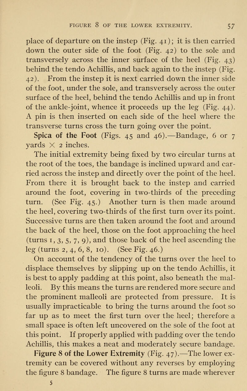 place of departure on the instep (Fig. 41); it is then carried down the outer side of the foot (Fig. 42) to the sole and transversely across the inner surface of the heel (Fig. 43) behind the tendo Achillis, and back again to the instep (Fig. 42). From the instep it is next carried down the inner side of the foot, under the sole, and transversely across the outer surface of the heel, behind the tendo Achillis and up in front of the ankle-joint, whence it proceeds up the leg (Fig. 44). A pin is then inserted on each side of the heel where the transverse turns cross the turn going over the point. Spica of the Foot (Figs. 45 and 46).—Bandage, 6 or 7 yards X 2 inches. The initial extremity being fixed by two circular turns at the root of the toes, the bandage is inclined upward and car- ried across the instep and directly over the point of the heel. From there it is brought back to the instep and carried around the foot, covering in two-thirds of the preceding turn. (See Fig. 45.) Another turn is then made around the heel, covering two-thirds of the first turn over its point. Successive turns are then taken around the foot and around the back of the heel, those on the foot approaching the heel (turns 1,3,5, 7j 9)> ^^^ those back of the heel ascending the leg (turns 2, 4, 6, 8, 10). (See Fig. 46.) On account of the tendency of the turns over the heel to displace themselves by slipping up on the tendo Achillis, it is best to apply padding at this point, also beneath the mal- leoli. By this means the turns are rendered more secure and the prominent malleoli are protected from pressure. It is usually impracticable to bring the turns around the foot so far up as to meet the first turn over the heel; therefore a small space is often left uncovered on the sole of the foot at this point. If properly applied with padding over the tendo Achillis, this makes a neat and moderately secure bandage. Figure 8 of the Lower Extremity (Fig. 47).—The lower ex- tremity can be covered without any reverses by employing the figure 8 bandage. The figure 8 turns are made wherever 5