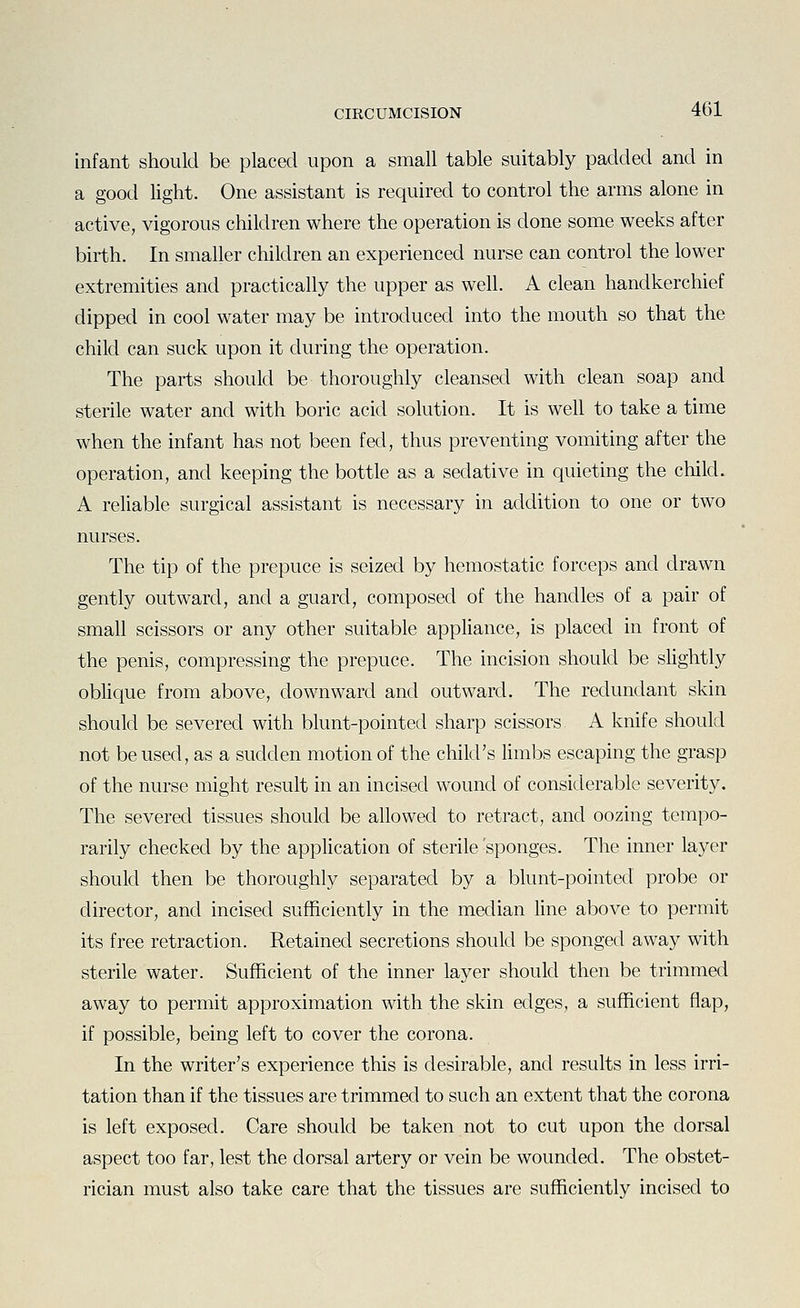 infant should be placed upon a small table suitably padded and in a good light. One assistant is required to control the arms alone in active, vigorous children where the operation is done some weeks after birth. In smaller children an experienced nurse can control the lower extremities and practically the upper as well. A clean handkerchief dipped in cool water may be introduced into the mouth so that the child can suck upon it during the operation. The parts should be thoroughly cleansed with clean soap and sterile water and with boric acid solution. It is well to take a time when the infant has not been fed, thus preventing vomiting after the operation, and keeping the bottle as a sedative in quieting the child. A reliable surgical assistant is necessary in addition to one or two nurses. The tip of the prepuce is seized by hemostatic forceps and drawn gently outward, and a guard, composed of the handles of a pair of small scissors or any other suitable appliance, is placed in front of the penis, compressing the prepuce. The incision should be sHghtly oblique from above, downward and outward. The redundant skin should be severed with blunt-pointed sharp scissors A knife should not be used, as a sudden motion of the child's limbs escaping the grasp of the nurse might result in an incised wound of considerable severity. The severed tissues should be allowed to retract, and oozing tempo- rarily checked by the application of sterile 'sponges. The inner layer should then be thoroughly separated by a blunt-pointed probe or director, and incised sufficiently in the median line above to permit its free retraction. Retained secretions should be sponged away with sterile water. Sufficient of the inner layer should then be trimmed away to permit approximation with the skin edges, a sufficient flap, if possible, being left to cover the corona. In the writer's experience this is desirable, and results in less irri- tation than if the tissues are trimmed to such an extent that the corona is left exposed. Care should be taken not to cut upon the dorsal aspect too far, lest the dorsal artery or vein be wounded. The obstet- rician must also take care that the tissues are sufficiently incised to