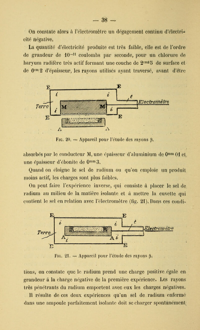 On constate alors à Félectromètre un dégagement continu d'électri- cité négative. La quantité d'électricité produite est très faible, elle est de l'ordre de grandeur de 10-*^ coulombs par seconde, pour un chlorure de baryum radifère très actif formant une couche de 2^°^^ de surface et de 0^' 2 d'épaisseur, les rayons utilisés ayant traversé, avant d'être FiG. 20, — Appareil pour l'étude des rayons p. absorbés par le conducteur M, une épaisseur d'aluminium de 0^^ 01 et, une épaisseur d'ébonite de Q^'^S. Quand on éloigne le sel de radium ou qu'on emploie un produit moins actif, les charges sont plus faibles. On peut faire l'expérience inverse, qui consiste à placer le sel de, radium au milieu de la matière isolante et à mettre la cuvette qui contient le sel en relation avec Félectromètre (fig. 21). Dans ces condi- / pi 'ectrœnèù'fi Kl E Fig. 21. — Appareil pour Pétude des rayons p. lions, on constate que le radium prend une charge positive égale en grandeur à la charge négative de la première expérience. Les rayons très pénétrants du radium emportent avec eux les charges négatives. Il résulte de ces deux expériences qu'un sel de. radium enfermé dans une ampoule parfaitement isolante doit se charger spontanément