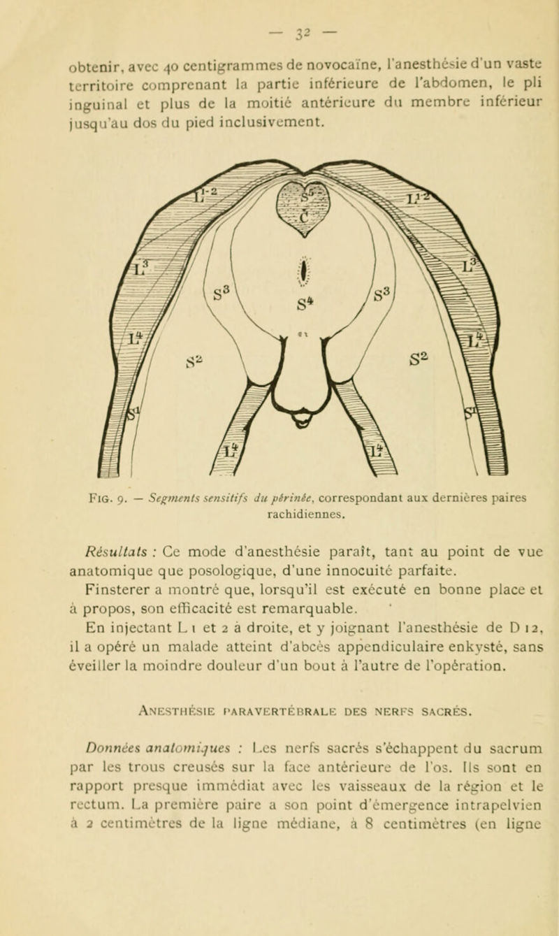 obtenir, avec 40 centigrammes de novocaïne, l'anesthcsie d'un vaste territoire comprenant la partie inférieure de l'abdomen, le pli inguinal et plus de la moitié antérieure du membre inférieur jusqu'au dos du pied inclusivement. FiG. 9. — Segtiunls sensitifs du périnée, correspondant aux dernières paires rachidiennes. Résultats : Ce mode d'anesthésie paraît, tant au point de vue anatomique que posologique, d'une innocuité parfaite. Finsterer a montré que, lorsqu'il est exécuté en bonne place et à propos, son etlicacité est remarquable. En injectant L i et 2 à droite, et y joignant l'anesthésie de D 12, il a opéré un malade atteint d'abcès appendiculaire enkysté, sans éveiller la moindre douleur d'un bout à l'autre de l'opération. Anesthésie paravertébralk des nerf? sacrés. Données anatomi.jucs : Les nerfs sacrés s'échappent du sacrum par les trous creusés sur la face antérieure de l'os. Ils sont en rapport presque immédiat avec les vaisseaux de la région et le rectum. La première paire a son point d'émergence intrapelvien à 2 centimètres de la ligne médiane, a 8 centimètres (en ligne