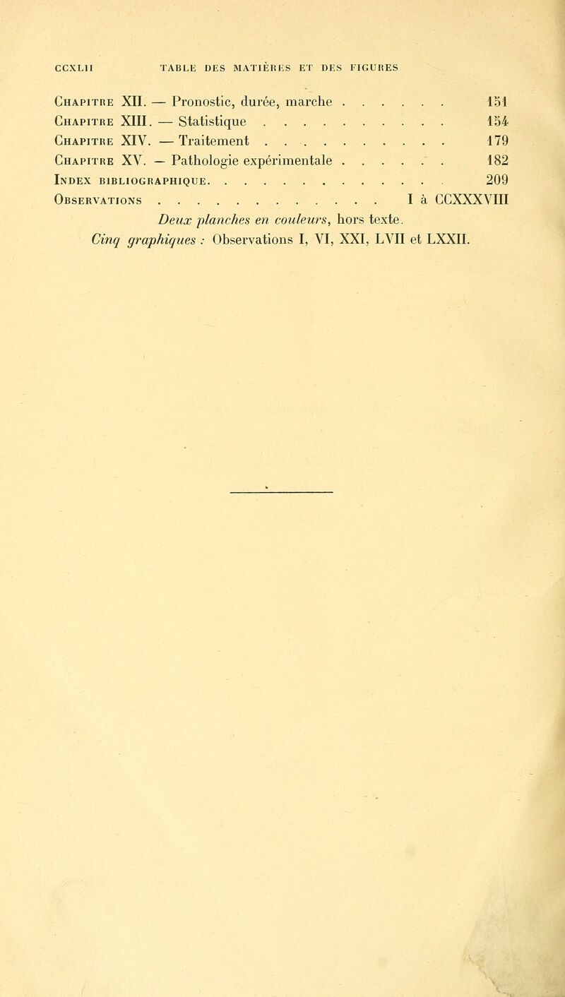 Chapitre XII. — Pronostic, durée, marche 151 Chapitre XIII. — Statistique 154 Chapitre XIV. — Traitement 179 Chapitre XV. — Pathologie expérimentale ' . 182 Index bibliographique 209 Observations là CCXXXVIII Deux planches en couleurs, hors texte. Cinq graphiques : Observations I, VI, XXI, LVII et LXXII.
