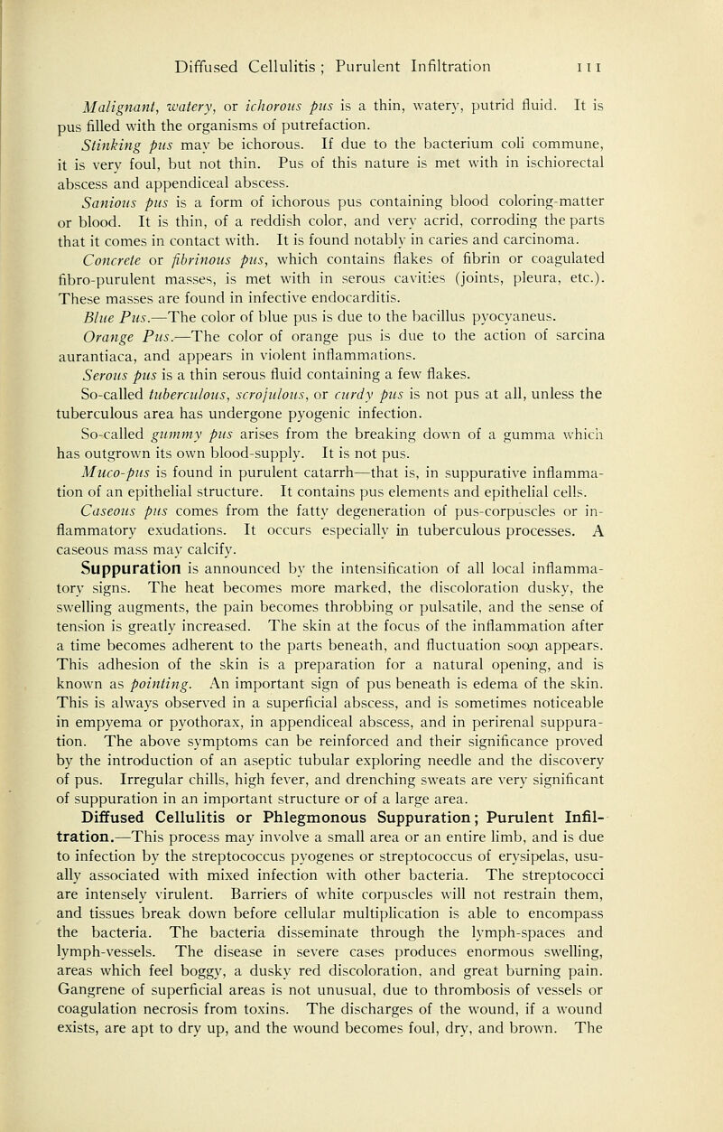 Malignant, watery, or ichorous pus is a thin, watery, putrid fluid. It is pus filled with the organisms of putrefaction. Stinking pus may be ichorous. If due to the bacterium coli commune, it is very foul, but not thin. Pus of this nature is met with in ischiorectal abscess and appendiceal abscess. Sanious pus is a form of ichorous pus containing blood coloring-matter or blood. It is thin, of a reddish color, and very acrid, corroding the parts that it comes in contact with. It is found notably in caries and carcinoma. Concrete or fibrinous pus, which contains flakes of fibrin or coagulated fibro-purulent masses, is met with in serous cavities (joints, pleura, etc.). These masses are found in infective endocarditis. Blue Pus.—The color of blue pus is due to the bacillus pyocyaneus. Orange Pus.—The color of orange pus is due to the action of sarcina aurantiaca, and appears in violent inflammations. Serous pus is a thin serous fluid containing a few flakes. So-called tuberculous, scrofulous, or curdy pus is not pus at all, unless the tuberculous area has undergone pyogenic infection. So-called gummy pus arises from the breaking down of a gumma which has outgrown its own blood-supply. It is not pus. Muco-pus is found in purulent catarrh—that is, in suppurative inflamma- tion of an epithelial structure. It contains pus elements and epithelial cells. Caseous pus comes from the fatty degeneration of pus-corpuscles or in- flammatory exudations. It occurs especially in tuberculous processes. A caseous mass may calcify. Suppuration is announced by the intensification of all local inflamma- tory signs. The heat becomes more marked, the discoloration dusky, the swelling augments, the pain becomes throbbing or pulsatile, and the sense of tension is greatly increased. The skin at the focus of the inflammation after a time becomes adherent to the parts beneath, and fluctuation soqti appears. This adhesion of the skin is a preparation for a natural opening, and is known as pointing. An important sign of pus beneath is edema of the skin. This is always observed in a superficial abscess, and is sometimes noticeable in empyema or pyothorax, in appendiceal abscess, and in perirenal suppura- tion. The above symptoms can be reinforced and their significance proved by the introduction of an aseptic tubular exploring needle and the discovery of pus. Irregular chills, high fever, and drenching sweats are very significant of suppuration in an important structure or of a large area. Diffused Cellulitis or Phlegmonous Suppuration; Purulent Infil- tration.—This process may involve a small area or an entire limb, and is due to infection by the streptococcus pyogenes or streptococcus of erysipelas, usu- ally associated with mixed infection with other bacteria. The streptococci are intensely virulent. Barriers of white corpuscles will not restrain them, and tissues break down before cellular multiplication is able to encompass the bacteria. The bacteria disseminate through the lymph-spaces and lymph-vessels. The disease in severe cases produces enormous swelling, areas which feel boggy, a dusky red discoloration, and great burning pain. Gangrene of superficial areas is not unusual, due to thrombosis of vessels or coagulation necrosis from toxins. The discharges of the wound, if a wound exists, are apt to dry up, and the wound becomes foul, dry, and brown. The