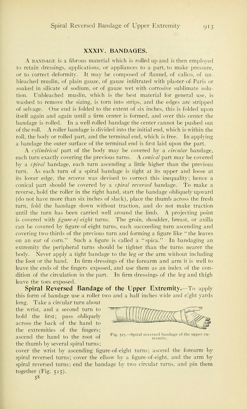 XXXIV. BANDAGES. A bandage is a fibrous material which is rolled up and is then employed to retain dressings, applications, or appliances to a part, to make pressure, or to correct deformity. It may be composed of flannel, of calico, of un- bleached muslin, of plain gauze, of gauze infiltrated with plaster-of-Paris or soaked in silicate of sodium, or of gauze wet with corrosive sublimate solu- tion. Unbleached muslin, which is the best material for general use, is washed to remove the sizing, is torn into strips, and the edges are stripped of selvage. One end is folded to the extent of six inches, this is folded upon itself again and again until a firm center is formed, and over this center the bandage is rolled. In a well-rolled bandage the center cannot be pushed out of the roll. A roller bandage is divided into the initial end, which is within the roll, the body or rolled part, and the terminal end, which is free. In applying a bandage the outer surface of the terminal end is first laid upon the part. A cylindrical part of the body may be covered by a circular bandage, each turn exactly covering the previous turns. A conical part may be covered by a spiral bandage, each turn ascending a little higher than the previous turn. As each turn of a spiral bandage is tight at its upper and loose at its lower edge, the reverse was devised to correct this inequality; hence a conical part should be covered by a spiral reversed bandage. To make a reverse, hold the roller in the right hand, start the bandage obliquely upward (do not have more than six inches of slack), place the thumb across the fresh turn, fold the bandage down without traction, and do not make traction until the turn has been carried well around the limb. A projecting point is covered with figure-of-eight turns. The groin, shoulder, breast, or axilla can be covered by figure-of-eight turns, each succeeding turn ascending and covering two-thirds of the previous turn and forming a figure like the leaves on an ear of corn. Such a figure is called a spica. In bandaging an extremity the peripheral turns should be tighter than the turns nearer the body. Never apply a tight bandage to the leg or the arm without including the foot or the hand. In firm dressings of the forearm and arm it is well to leave the ends of the fingers exposed, and use them as an index of the con- dition of the circulation in the part. In firm dressings of the leg and thigh leave the toes exposed. Spiral Reversed Bandage of the Upper Extremity.—To apply this form of bandage use a roller two and a half inches wide and eight yards long. Take a circular turn about the wrist, and a second turn to hold the first; pass obliquely across the back of the hand to the extremities of the fingers; *<irf>nr\ the hand to the root of Fig. 5i5.-Spiral reversed bandage of the upper ex- aSLcllU uie iianu IO LIlc rout Ot tremity. the thumb by several spiral turns; cover the wrist by ascending figure-of-eight turns; ascend the forearm by spiral reversed turns; cover the elbow by a figure-of-eight, and the arm by spiral reversed turns; end the bandage by two circular turns, and pin them together (Fig. 515).