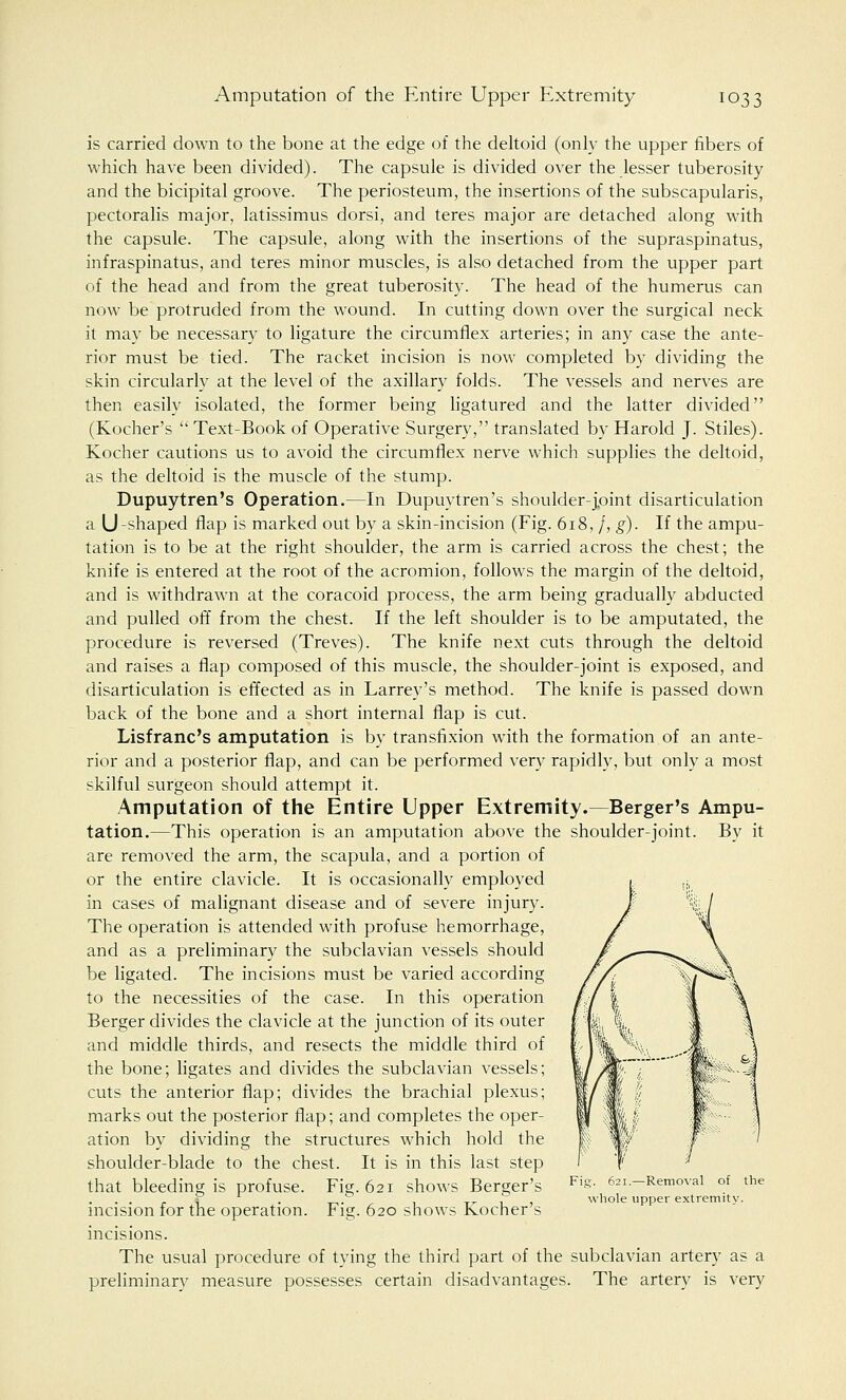 is carried down to the bone at the edge of the deltoid (only the upper fibers of which have been divided). The capsule is divided over the lesser tuberosity and the bicipital groove. The periosteum, the insertions of the subscapularis, pectoralis major, latissimus dorsi, and teres major are detached along with the capsule. The capsule, along with the insertions of the supraspinatus, infraspinatus, and teres minor muscles, is also detached from the upper part of the head and from the great tuberosity. The head of the humerus can now be protruded from the wound. In cutting down over the surgical neck it may be necessary to ligature the circumflex arteries; in any case the ante- rior must be tied. The racket incision is now completed by dividing the skin circularly at the level of the axillary folds. The vessels and nerves are then easily isolated, the former being ligatured and the latter divided (Kocher's  Text-Book of Operative Surgery, translated by Harold J. Stiles). Kocher cautions us to avoid the circumflex nerve which supplies the deltoid, as the deltoid is the muscle of the stump. Dupuytren's Operation.—In Dupuytren's shoulder-joint disarticulation a U-shaped flap is marked out by a skin-incision (Fig. 618, /, g). If the ampu- tation is to be at the right shoulder, the arm is carried across the chest; the knife is entered at the root of the acromion, follows the margin of the deltoid, and is withdrawn at the coracoid process, the arm being gradually abducted and pulled off from the chest. If the left shoulder is to be amputated, the procedure is reversed (Treves). The knife next cuts through the deltoid and raises a flap composed of this muscle, the shoulder-joint is exposed, and disarticulation is effected as in Larrey's method. The knife is passed down back of the bone and a short internal flap is cut. Lisfranc's amputation is by transfixion with the formation of an ante- rior and a posterior flap, and can be performed very rapidly, but only a most skilful surgeon should attempt it. Amputation of the Entire Upper Extremity.—Berger's Ampu- tation.—This operation is an amputation above the shoulder-joint. By it are removed the arm, the scapula, and a portion of or the entire clavicle. It is occasionally employed in cases of malignant disease and of severe injury. The operation is attended with profuse hemorrhage, and as a preliminary the subclavian vessels should be ligated. The incisions must be varied according to the necessities of the case. In this operation Berger divides the clavicle at the junction of its outer and middle thirds, and resects the middle third of the bone; ligates and divides the subclavian vessels; cuts the anterior flap; divides the brachial plexus; marks out the posterior flap; and completes the oper- ation by dividing the structures which hold the shoulder-blade to the chest. It is in this last step that bleeding is profuse. Fig. 621 shows Berger's incision for the operation. Fig. 620 shows Kocher's incisions. The usual procedure of tying the third part of the subclavian artery as a preliminary measure possesses certain disadvantages. The artery is very Fig. 621.—Removal of the whole upper extremity.