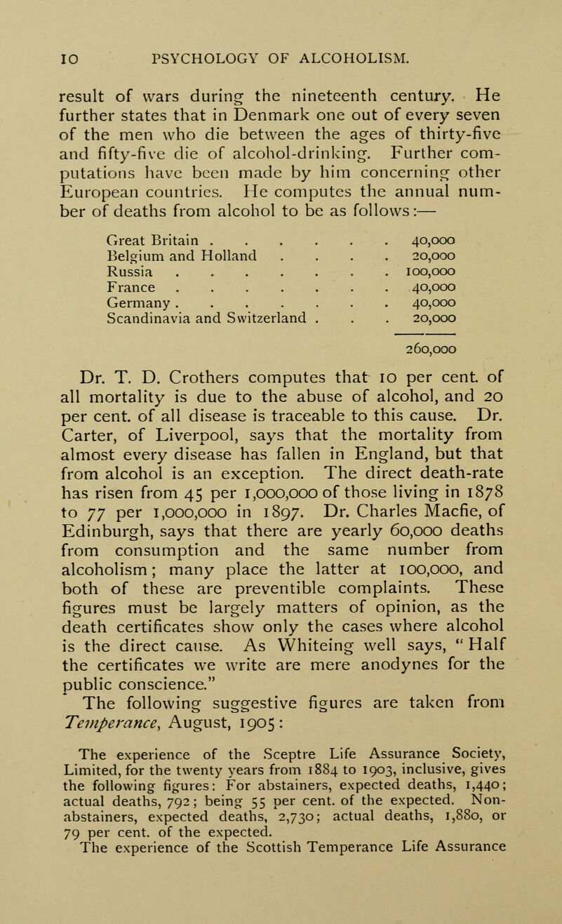 result of wars during the nineteenth century. He further states that in Denmark one out of every seven of the men who die between the ages of thirty-five and fifty-five die of alcohol-drinking. Further com- putations have been made by him concerning other European countries. He computes the annual num- ber of deaths from alcohol to be as follows:— Great Britain . Belgium and Holland Russia France Germany . Scandinavia and Switzerland 40,000 20,000 100,000 40,000 40,000 20,000 260,000 Dr. T. D. Crothers computes that 10 per cent, of all mortality is due to the abuse of alcohol, and 20 per cent, of all disease is traceable to this cause. Dr. Carter, of Liverpool, says that the mortality from almost every disease has fallen in England, but that from alcohol is an exception. The direct death-rate has risen from 45 per 1,000,000 of those living in 1878 to J J per 1,000,000 in 1897. Dr. Charles Macfie, of Edinburgh, says that there are yearly 60,000 deaths from consumption and the same number from alcoholism; many place the latter at 100,000, and both of these are preventible complaints. These figures must be largely matters of opinion, as the death certificates show only the cases where alcohol is the direct cause. As Whiteing well says,  Half the certificates we write are mere anodynes for the public conscience. The following suggestive figures are taken from Temperance, August, 1905: The experience of the Sceptre Life Assurance Society, Limited, for the twenty years from 1884 to 1903, inclusive, gives the following figures: For abstainers, expected deaths, 1,440; actual deaths, 792; being 55 per cent, of the expected. Non- abstainers, expected deaths, 2,730; actual deaths, 1,880, or 79 per cent, of the expected. The experience of the Scottish Temperance Life Assurance