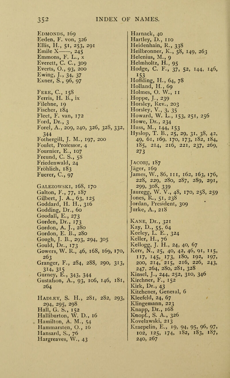 Edmonds, 169 Eeden, F. von, 326 Ellis, H., 51, 253, 291 Emile X , 245 Emmons, F. L., x Everett, C. C, 309 Everts, O., 93, 200 Ewing, J., 34, 37 Exner, S., 96, 97 Fere, C, 158 Ferris, H. B., ix Filehne, 19 Fischer, 184 Fleet, F. van, 172 Ford, Dr., 3 Forel, A., 209, 240, 326, 328, 332, 344 Fothergill, J. M., 197, 200 Foulet, Prolessor, 4 Fournier, E., 107 Freund, C. S., 58 Friedenwald, 24 Frohlich, 183 Fuerer, C, 97 Galezowski, 168, 170 Galton, F., 77, 187 Gilbert, J. A., 63, 125 Goddard, H. H., 316 Godding, Dr., 60 Goodall, E., 273 Gorden, Dr., 173 Gordon, A. J., 280 Gordon, E. B., 280 Gough, J. B., 293, 294, 305 Gould, Dr., 173 Gowers, W. R., 46, 168, 169, 170, 263 Granger, F., 284, 288, 290, 313, 314, 315 Gurney, E., 343, 344 Gustafson, A., 93, 106, 146, 181, 264 Hadi.ey, S. H., 281, 282, 293, 294, 295, 298 Hall, G. S., 152 Halliburton, W. D., 16 Hamilton, A. M., 54 Hammarsten, O., 16 Hansard, S., 76 Hargreaves, W., 43 Harnack, 40 Hartley, D., no Heidenhain, R., 338 Heilbronner, K., 58, 149, 263 Helenius, M., 9 Helmholtz, H., 95 Hodge, C. F., 37, 52, 144, 146, I53 Hoffding, H., 64, 78 Holland, H., 69 Holmes, O. W., n Hoppe, J., 239 Horsley, Rev., 203 Horsley, V., 3, 35 Howard, VV. L., 153, 251, 256 Howe, Dr., 234 Huss, M., 144, 153 Hyslop, T. B., 25, 29, 31, 38, 42, 49, 61, 169, 170, 173, 182, 184, 185, 214, 216, 221, 237, 269, 273 JACOBJ, 1S7 Jager, 169 James, W., 86, in, 162, 163, 176, 228, 229, 280, 287, 289, 291, 299, 308, 339 Jauregg, W. V., 48, 170, 25S, 259 Jones, R., 51, 238 Jordan, President, 309 Jurke, A., 218 Kane, Dr., 321 Kay, D., 55, 64 Keeley, L. E., 324 Keller, H., 76 Kellogg, J. H., 24, 40, 67 Kerr, N., 25, 40, 42, 46, 91, 115, 117, 145, 173, l8o> 192, 197, 200, 214, 215, 216, 226, 243, 247, 264, 280, 281, 328 Kinsel, J., 244, 252, 310, 346 Kirchner, F., 152 Kirk, Dr., 43 Kitchener, General, 6 Kleefeld, 24, 67 Klingemann, 223 Knapp, Dr., 168 Knopf., S. A., 326 Kovelawski, 213 Kraepelin, E., 19, 94, 95, 96, 97, 102, 125, 174, 182, 183, 187, 240, 267