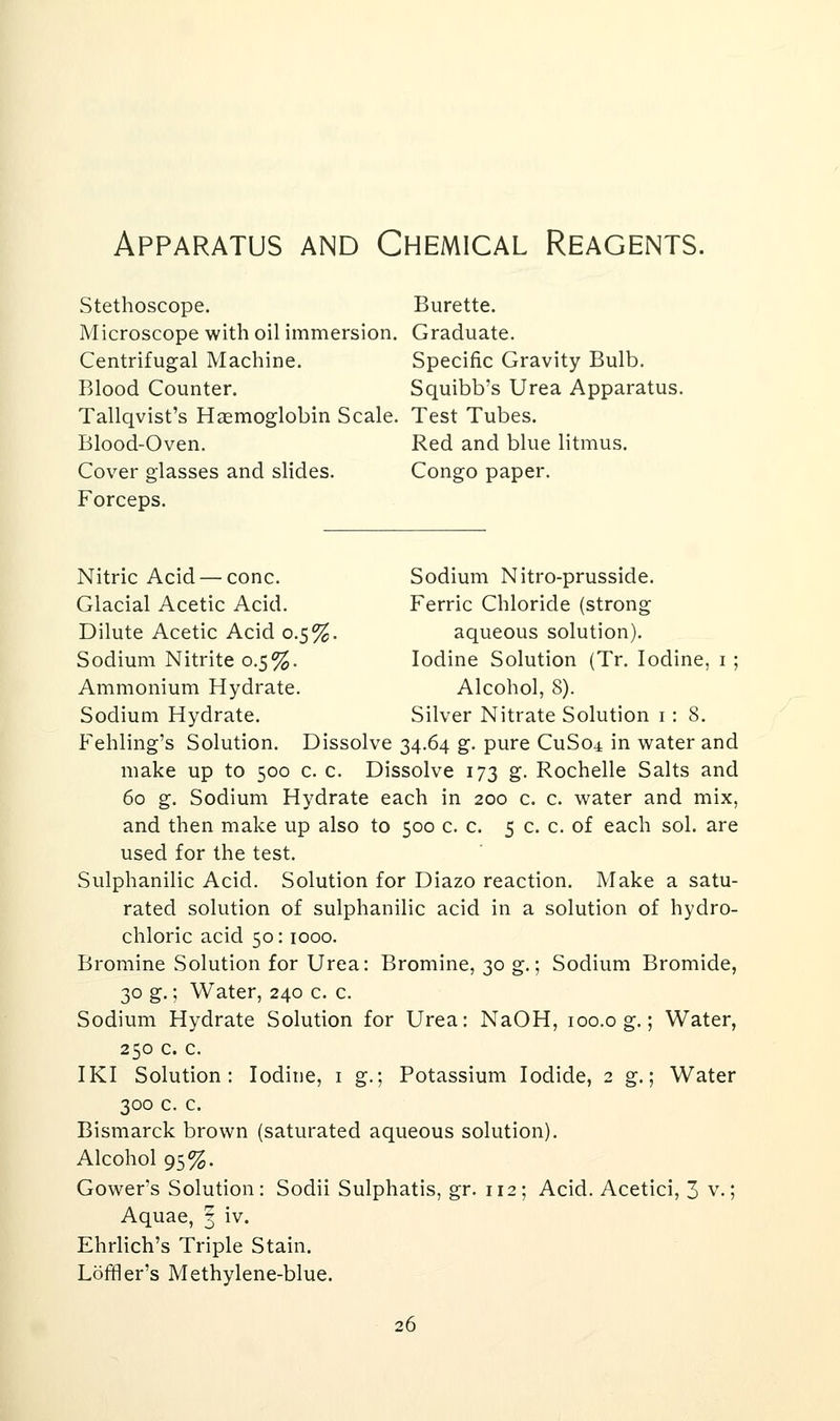 Apparatus and Chemical Reagents. Stethoscope. Burette. Microscope with oil immersion. Graduate, Centrifugal Machine. Specific Gravity Bulb. Blood Counter. Squibb's Urea Apparatus. Tallqvist's HEemoglobin Scale. Test Tubes. Blood-Oven. Red and blue litmus. Cover glasses and slides. Congo paper. Forceps. Nitric Acid — cone. Sodium Nitro-prusside. Glacial Acetic Acid. Ferric Chloride (strong Dilute Acetic Acid 0.5%. aqueous solution). Sodium Nitrite 0.5%. Iodine Solution (Tr. Iodine, i ; Ammonium Hydrate. Alcohol, 8). Sodium Hydrate. Silver Nitrate Solution i : 8. Fehling's Solution. Dissolve 34.64 g. pure CuSo^ in water and make up to 500 c. c. Dissolve 173 g. Rochelle Salts and 60 g. Sodium Hydrate each in 200 c. c. water and mix, and then make up also to 500 c. c. 5 c. c. of each sol. are used for the test. Sulphanilic Acid. Solution for Diazo reaction. Make a satu- rated solution of sulphanilic acid in a solution of hydro- chloric acid 50: 1000. Bromine Solution for Urea: Bromine, 30 g.; Sodium Bromide, 30 g.; Water, 240 c. c. Sodium Hydrate Solution for Urea: NaOH, loo.og.; Water, 250 c. c. IKI Solution: Iodine, i g.; Potassium Iodide, 2 g.; Water 300 c. c. Bismarck brown (saturated aqueous solution). Alcohol 95%. Gower's Solution: Sodii Sulphatis, gr. 112; Acid. Acetici, 3 v.; Aquae, | iv. Ehrlich's Triple Stain. Loffler's Methylene-blue. 26