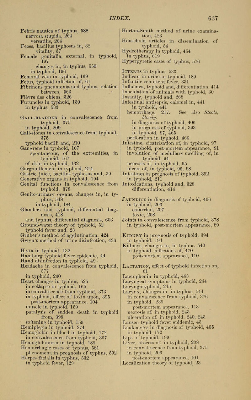 Febris nautica of typhus, 588 nervosa stupida, 264 versatilis, 264 Feces, bacillus typhosus in, 32 vitality, 37 Female genitalia, external, in typhoid, 197 changes in, in typhus, 550 in typhoid, 196 Femoral vein in typhoid, 169 Fetus, typhoid infection of, 61 Fibrinous pneumonia and typhus, relation between, 563 Fievre des chiens, 326 Furuncles in typhoid, 130 in typhus, 533 Gall-bladder in convalescence from typhoid, 375 in typhoid, 209 Gall-stones in convalescence from typhoid, 375 typhoid bacilli and, 210 Gangrene in typhoid, 167 spontaneous, of the extremities, in typhoid, 167 of skin in typhoid, 132 Gargouillement in typhoid, 214 Gastric juice, bacillus typhosus and, 39 Generative organs in typhoid, 194 Genital functions in convalescence from typhoid, 378 Genito-urinary organs, changes in, in ty- phus, 548 in typhoid, 184 Glanders and typhoid, differential diag- nosis, 418 and typhus, differential diagnosis, 603 Ground-water theory of typhoid, 52 typhoid fever and, 23 Gruber's method of agglutination, 424 Gwyn's method of urine disinfection, 436 Hair in typhoid, 132 Hamburg typhoid fever epidemic, 44 Hand disinfection in typhoid, 49 • Headache in convalescence from typhoid, 377 in typhoid, 260 Heart changes in typhus, 525 in coLlapse in typhoid, 165 in convalescence from typhoid, 373 in typhoid, effect of toxin upon, 395 post-mortem appearance, 104 muscle in typhoid, 159 paralysis of, sudden death in typhoid from, 398 softening in typhoid, 159 Hemiplegia in typhoid, 274 Hemoglobin in blood in typhoid, 172 in convalescence from typhoid, 367 Hemoglobinuria in typhoid, 189 Hemorrhagic cases of typhus, 581 phenomena in prognosis of typhus, 592 Herpes facialis in typhus, 532 in typhoid fever, 129 Horton-Smith method of urine examina- tion, 423 Household articles in dissemination of typhoid, 54 Hydrotherapy in typhoid, 454 in typhus, 619 Hyperpyretic cases of typhus, 576 Icterus in typhus, 533 Indican in urine in typhoid, 189 Infantile remittent fever, 331 Influenza, typhoid and, differentiation. 414 Inoculation of animals with typhoid, 30 Insanity, typhoid and, 268 Intestinal antisepsis, calomel in, 441 in typhoid, 441 hemorrhage, 217. See also Stools, bloody. in diagnosis of typhoid, 406 in prognosis of typhoid, 393 in typhoid, 97, 465 perforation in typhoid, 466 Intestine, cicatrization of, in typhoid, 97 in typhoid, post-mortem appearance, 91 involution of medullary swelling of, in typhoid, 94 necrosis of, in typhoid, 95 ulcers of, in typhoid, 96, 98 Intestines in prognosis of typhoid, 392 in typhoid, 211 Intoxications, typhoid and, 328 differentiation, 414 Jaundice in diagnosis of typhoid, 406 in typhoid, 206 catarrhal, 207 toxic, 208 Joints in convalescence from typhoid, 378 in typhoid, post-mortem appearance, 89 Kidney in prognosis of typhoid, 394 in typhoid, 194 Kidneys, changes in, in typhus, 540 in typhoid, affections of, 470 post-mortem appearance, 110 Lactation, effect of typhoid infection on, 61 Lactophenin in typhoid, 463 Laryngeal symptoms in typhoid, 244 Laryngotyphoid, 245 Larynx, changes in, in typhus, 544 in convalescence from typhoid, 376 in typhoid, 239 post-mortem appearance, 113 necrosis of, in typhoid, 243 ulceration of, in typhoid, 240, 243 Lausen typhoid fever epidemic, 43 Leukocytes in diagnosis of typhoid, 405 in typhoid, 172 Lips in typhoid, 199 Liver, abscess of, in typhoid, 208 in convalescence from typhoid, 375 in typhoid, 206 post-mortem appearance, 101 Localization theory of typhoid, 23