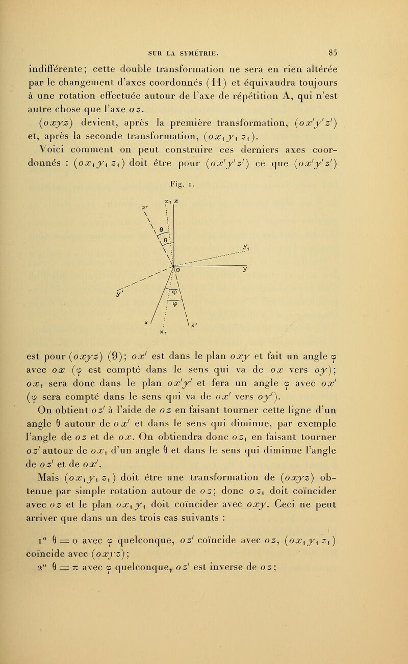 indifférente ; cette double transformation ne sera en rien altérée par le changement d'axes coordonnés (11) et équivaudra toujours à une rotation effectuée autour de l'axe de répétition A, qui n'est autre chose que l'axe oz. [oxyz) devient, après la première transformation, (ox'y'z') et, après la seconde transformation, [oxiyi zt). Voici comment on peut construire ces derniers axes coor- donnés : [oxKyKzK) doit être pour [ox'y'z') ce que [ox'y'z') Fis. i. est pour [oxyz) (9); ox' est dans le plan oxy et fait un angle o avec ox (cp est compté dans le sens qui va de ox vers oy); oxK sera donc dans le plan ox'y' et fera un angle co avec ox' (cp sera compté dans le sens qui va de ox' vers oy'). On obtient oz' à l'aide de os en faisant tourner cette ligne d'un angle 0 autour de o x' et dans le sens qui diminue, par exemple l'angle de oz et de ox. On obtiendra donc ozt en faisant tourner os'autour de oxs d'un angle 9 et dans le sens qui diminue l'angle de .oz' et de ox'. Mais (oX\y{z{) doit être une transformation de [oxyz) ob- tenue par simple rotation autour de oz; donc oz{ doit coïncider avec oz et le plan ox{ y{ doit coïncider avec oxy. Ceci ne peut arriver que dans un des trois cas suivants : i° 6 = o avec cp quelconque, oz' coïncide avec oz, [oxty{ zt) coïncide avec [oxyz)] 2U 9 = 7T avec © quelconque, oz' est inverse de oz]