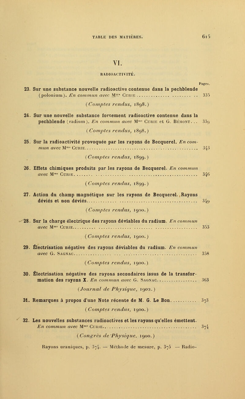 VI. RADIOACTIVITÉ. Pages. 23. Sur une substance nouvelle radioactive contenue dans la pechblende (poloniuni). En commun avec Mms Curie 335 {Comptes rendus, 1898.) 24. Sur une nouvelle substance fortement radioactive contenue dans la pechblende (radium). En commun avec Mmo Curie et G. Bémont. .. 33r> ( Comptes rendus, 1898.) 25. Sur la radioactivité provoquée par les rayons de Becquerel. En com- mun avec Mme Curie 343 (Comptes rendus, 1899.) 26. Effets chimiques produits par les rayons de Becquerel. En commun avec Mme Curie 346 (Comptes rendus, 1899.) 27. Action du champ magnétique sur les rayons de Becquerel. Rayons déviés et non déviés 349 (Comptes rendus, 1900.) 28. Sur la charge électrique des rayons déviables du radium. En commun avec Mme Curie 353 (Comptes rendus, 1900.) 29. Électrisation négative des rayons déviables du radium. En commun avec G. Sagnac 358 (Comptes rendus, 1900.) 30. Électrisation négative des rayons secondaires issus de la transfor- mation des rayons X. En commun avec G. Sagnac 363 (Journal de Physique, 1902.) 31. Remarques à propos d'une Note récente de M. G. Le Bon 373 (Comptes rendus, 1900.) 32. Les nouvelles substances radioactives et les rayons qu'elles émettent. En commun avec Mme Curie 374 (Congrès de'Physique, 1900.) Rayons uraniques, p. 074. — Méthode de mesure, p. 375 — Radio-