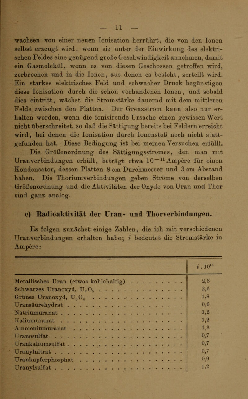 wachsen von einer neuen Ionisation herrührt, die von den Ionen selbst erzeugt wird, wenn sie unter der Einwirkung des elektri- schen Feldes eine genügend große Geschwindigkeit annehmen, damit ein Gasmolekül, wenn es von diesen Geschossen getroffen wird, zerbrochen und in die Ionen, aus denen es besteht, zerteilt wird. Ein starkes elektrisches Feld und schwacher Druck begünstigen diese Ionisation durch die schon vorhandenen Ionen, und sobald dies eintritt, wächst die Stromstärke dauernd mit dem mittleren Felde zwischen den Platten. Der Grenzstrom kann also nur er- halten werden, wenn die ionisirende Ursache einen gewissen Wert nicht überschreitet, so daß die Sättigung bereits bei Feldern erreicht wird, bei denen die Ionisation durch lonenstoß noch nicht statt- gefunden hat. Diese Bedingung ist bei meinen Versuchen erfüllt. Die Größenordnung des Sättigungsstromes, den man mit Uranverbindungen erhält, beträgt etwa 10•^^ Ampere für einen Kondensator, dessen Platten 8 cm Durchmesser und 3 cm Abstand haben. Die Thoriumverbindungen geben Ströme von derselben Größenordnung und die Aktivitäten der Oxyde von Uran und Thor sind ganz analog. c) Radioaktivität der Uran- und Thorverbindungen. Es folgen zunächst einige Zahlen, die ich mit verschiedenen Uran Verbindungen erhalten habe; i bedeutet die Stromstärke in Ampere: i.W Metallisches Uran (etwas kohlelialtig) Schwarzes Uranoxyd, U2O5 Grünes Uranoxyd, U3O4 UranSäurehydrat Natriumuran at Kaliumuranat Ammoniumuranat Uranosulfat Urankaliumsulfat Uranylnitrat Urankupferphosphat Uranylsulfat 2,3 2,6 1,8 0,6 1,2 1,2 1,3 0,7 0,7 0,7 0,9 1,2