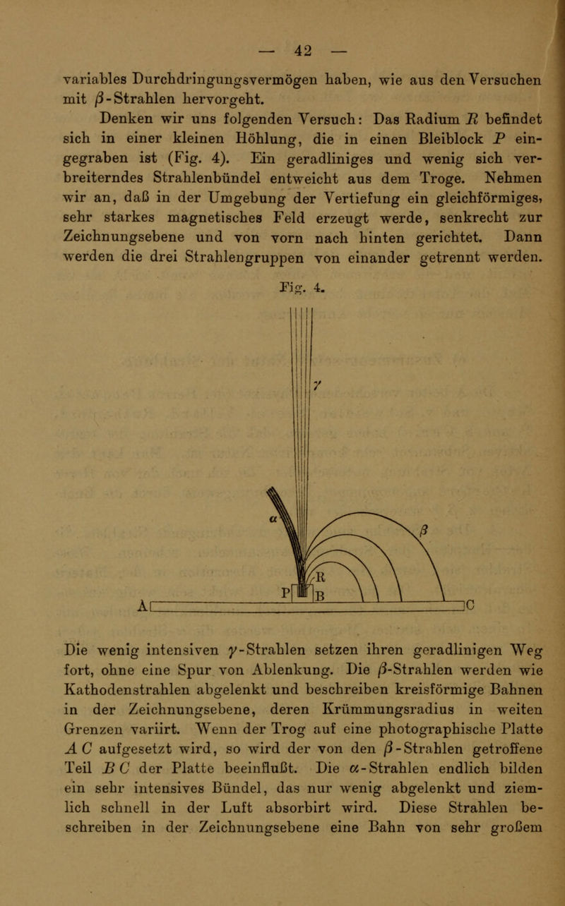 variables Durchdringungsvermögen haben, wie aus den Versuchen mit j3-Strahlen hervorgeht. Denken wir uns folgenden Versuch: Das Radium li befindet sich in einer kleinen Höhlung, die in einen Bleiblock P ein- gegraben ist (Fig. 4). Ein geradliniges und wenig sich ver- breiterndes Strahlenbündel entweicht aus dem Troge. Nehmen wir an, daß in der Umgebung der Vertiefung ein gleichförmiges» sehr starkes magnetisches Feld erzeugt werde, senkrecht zur Zeichnungsebene und von vorn nach hinten gerichtet. Dann werden die drei Strahlengruppen von einander getrennt werden. Pi.o.. 4. Die wenig intensiven y-Strahlen setzen ihren geradlinigen Weg fort, ohne eine Spur von Ablenkung. Die /3-Strahlen werden wie Kathodenstrahlen abgelenkt und beschreiben kreisförmige Bahnen in der Zeichnungsebene, deren Krümmungsradius in weiten Grenzen variirt. Wenn der Trog auf eine photographische Platte AC aufgesetzt wird, so wird der von den /3-Strahlen getroffene Teil BC der Platte beeinflußt. Die oc-Strahlen endlich bilden ein sehr intensives Bündel, das nur wenig abgelenkt und ziem- lich schnell in der Luft absorbirt wird. Diese Strahlen be- schreiben in der Zeichnungsebene eine Bahn von sehr großem