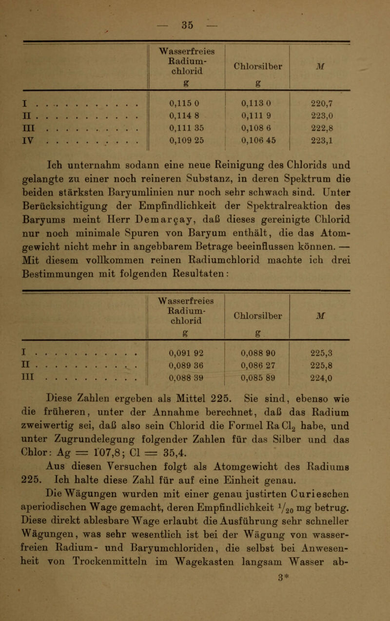 Wasserfreies Radium- chlorid Chlorsilber M I . II . III IV 0,115 0 0,114 8 0,111 35 0,109 25 0,113 0 0,111 9 0,108 6 0,106 45 220,7 223,0 222,8 223,1 Ich unternahm sodann eine neue Reinigung des Chlorids und gelangte zu einer noch reineren Substanz, in deren Spektrum die beiden stärksten Baryumlinien nur noch sehr schwach sind. Unter Berücksichtigung der Empfindlichkeit der Spektralreaktion des Baryums meint Herr Demargay, daß dieses gereinigte Chlorid nur noch minimale Spuren von Baryum enthält, die das Atom- gewicht nicht mehr in angebbarem Betrage beeinflussen können. — Mit diesem vollkommen reinen Radiumchlorid machte ich drei Bestimmungen mit folgenden Resultaten: i ! 1 Wasserfreies Eadium- chlorid Chlorsilber g M I i 0,091 92 0,089 36 0 088 .S9 0,088 90 0,086 27 225,3 225,8 224,0 II ' III Diese Zahlen ergeben als Mittel 225. Sie sind, ebenso wie die früheren, unter der Annahme berechnet, daß das Radium zweiwertig sei, daß also sein Chlorid die Formel Ra CI2 habe, und unter Zugrundelegung folgender Zahlen für das Silber und das Chlor: Ag = 107,8; Cl = 35,4. Aus diesen Versuchen folgt als Atomgewicht des Radiums 225. Ich halte diese Zahl für auf eine Einheit genau. Die Wägungen wurden mit einer genau Justirten Curieschen aperiodischen Wage gemacht, deren Empfindlichkeit V20 ^g betrug. Diese direkt ablesbare Wage erlaubt die Ausführung sehr schneller Wägungen, was sehr wesentlich ist bei der Wägung von wasser- freien Radium- und Baryumchloriden, die selbst bei Anwesen- heit von Trockenmitteln im Wagekasten langsam Wasser ab- 3*