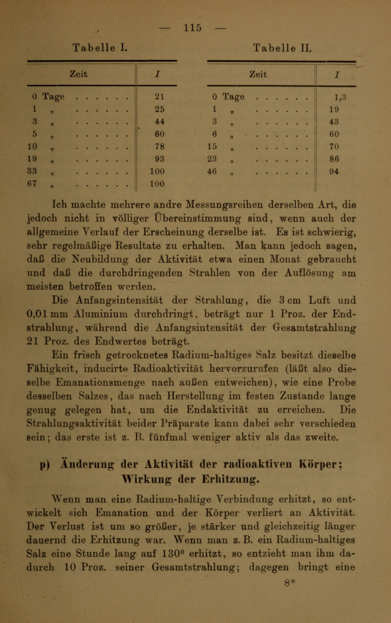 Tabelle I. Tabelle IL Zeit 0 Tage 1 3 5 10 19 33 67 Zeit 21 25 44 60 78 93 100 100 0 Tage 1 „ 3 „ 6 „ 15 „ 23 „ 46 „ 1,3 19 43 60 70 86 94 Ich machte mehrere andre Messungsreihen derselben Art, die jedoch nicht in völliger Übereinstimmung sind, wenn auch der allgemeine Verlauf der Erscheinung derselbe ist. Es ist schwierig, sehr regelmäßige Resultate zu erhalten. Man kann jedoch sagen, daß die Neubildung der Aktivität etwa einen Monat gebraucht und daß die durchdringenden Strahlen von der Auflösung am meisten betroffen werden. Die Anfangsintensität der Strahlung, die 3 cm Luft und 0,01mm Aluminium durchdringt, beträgt nur 1 Proz. der End- strahlung, während die Anfangsintensität der Gesamtstrahlung 21 Proz. des Endwertes beträgt. Ein frisch getrocknetes Radium-haltiges Salz besitzt dieselbe Fähigkeit, inducirte Radioaktivität hervorzurufen (läßt also die- selbe Emanationsmenge nach außen entweichen), wie eine Probe desselben Salzes, das nach Herstellung im festen Zustande lange genug gelegen hat, um die Endaktivität zu erreichen. Die Strahlungsaktivität beider Präparate kann dabei sehr verschieden sein; das erste ist z. B. fünfmal weniger aktiv als das zweite. p) Änderung der Aktivität der radioaktiven Körper; Wirkung der Erhitzung. Wenn man eine Radium-haltige Verbindung erhitzt, so ent- wickelt sich Emanation und der Körper verliert an Aktivität. Der Verlust ist um so größer, je stärker und gleichzeitig länger dauernd die Erhitzung war. Wenn man z. B. ein Radium-haltiges Salz eine Stunde lang auf 130^ erhitzt, so entzieht man ihm da- durch 10 Proz. seiner Gesamtstrahlung; dagegen bringt eine