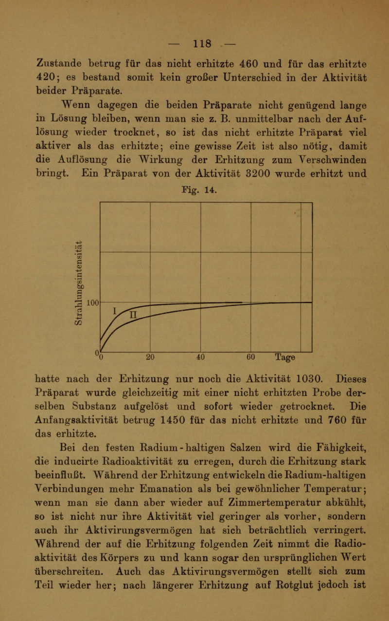 Zustande betrug für das nicht erhitzte 460 und für das erhitzte 420; es bestand somit kein großer Unterschied in der Aktivität beider Präparate. Wenn dagegen die beiden Präparate nicht genügend lange in Lösung bleiben, wenn man sie z. B. unmittelbar nach der Auf- lösung wieder trocknet, so ist das nicht erhitzte Präparat viel aktiver als das erhitzte; eine gewisse Zeit ist also nötig, damit die Auflösung die Wirkung der Erhitzung zum Verschwinden bringt. Ein Präparat von der Aktivität 3200 wurde erhitzt und Fig. 14. bß |ioo m V 20 40 Tage hatte nach der Erhitzung nur noch die Aktivität 1030. Dieses Präparat wurde gleichzeitig mit einer nicht erhitzten Probe der- selben Substanz aufgelöst und sofort wieder getrocknet. Die Anfangsaktivität betrug 1450 für das nicht erhitzte und 760 für das erhitzte. Bei den festen Radium - haltigen Salzen wird die Fähigkeit, die inducirte Radioaktivität zu erregen, durch die Erhitzung stark beeinflußt. Während der Erhitzung entwickeln die Radium-haltigen Verbindungen mehr Emanation als bei gewöhnlicher Temperatur; wenn man sie dann aber wieder auf Zimmertemperatur abkühlt, so ist nicht nur ihre Aktivität viel geringer als vorher, sondern auch ihr Aktivirungsvermögen hat sich beträchtlich verringert. Während der auf die Erhitzung folgenden Zeit nimmt die Radio- aktivität des Körpers zu und kann sogar den ursprünglichen Wert überschreiten. Auch das Aktivirungsvermögen stellt sich zum Teil wieder her; nach längerer Erhitzung auf Rotglut jedoch ist
