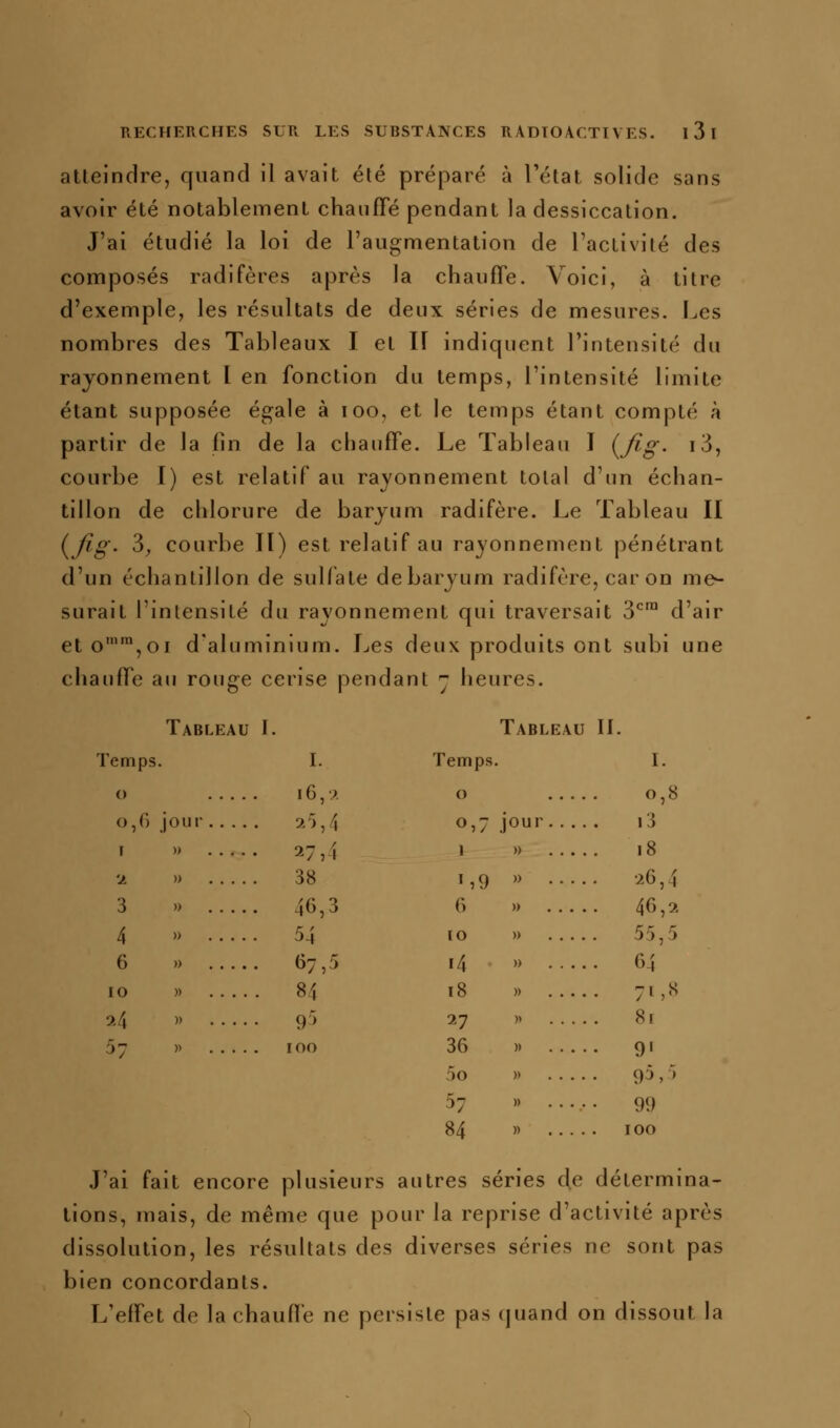 atteindre, quand il avait été préparé à l'état solide sans avoir été notablement chanfTé pendant la dessiccation. J'ai étudié la loi de l'augmentation de l'aclivilé des composés radifères après la chauffe. Voici, à titre d'exemple, les résultats de deux séries de mesures. Les nombres des Tableaux I et H indiquent l'intensité du rayonnement l en fonction du temps, l'intensité limite étant supposée égale à loo, et le temps étant compté à partir de la fin de la chauffe. Le Tableau I (^fig. i3, courbe I) est relatif au rayonnement tolal d'un échan- tillon de chlorure de baryum radifère. Le Tableau II kfië- ^y courbe II) est relatif au rayonnement pénétrant d'un échantillon de sulfate debaryum radifère, car on me- surait l'intensité du rayonnement qui traversait 3^™ d'air et o'*,©! d'aluminium. Les deux produits ont subi une chauffe au rouge cerise pendant 'j heures. Tableau L Tableau IL Te m ps, I. Temps • I. () .6,.. 0 0,8 o, G jour 2'>,4 0,7 jour i3 r )) 27,4 1 )) 18 'j. )) 38 ï,9 » •26,4 3 » 46,3 G )) 46,2 4 » 54 10 » 55,5 6 )) 67,5 14 » 64 10 » 84 18 )) 71,8 24 » 9> 27 )» 8[ 57 )) 100 36 5o 57 84 » » )) )) 9' 95>' 99 100 J'ai fait encore plusieurs autres séries de détermina- tions, mais, de même que pour la reprise d'activité après dissolution, les résultats des diverses séries ne sont pas bien concordants. L'effet de la chauffe ne persiste pas (juand on dissout la