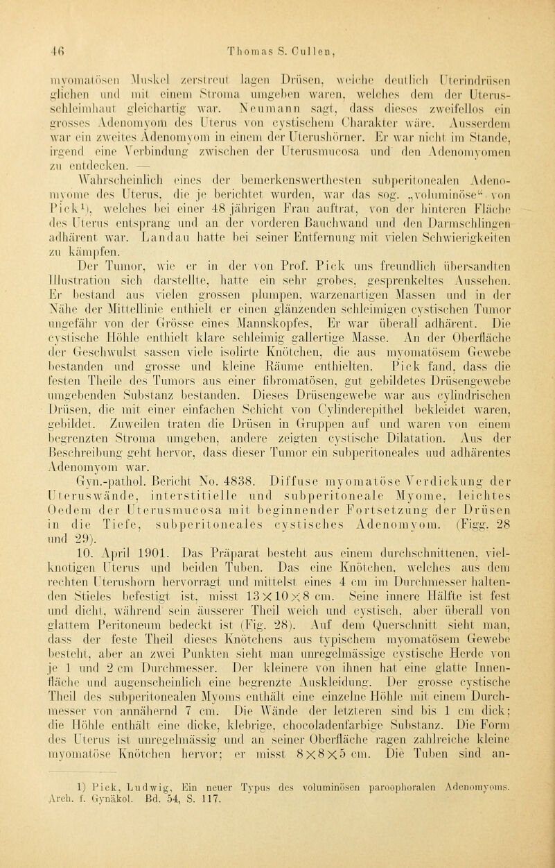 myomatösen Muskel zerstreul lagen Drüsen, welche deutlich Uterindrüsen glichen und mii einem Stroma umgeben waren, welches dem der Uierus- sehleinihaui gleichartig war. Neumann sagt, dass dieses zweifellos ein grosses Adenomyom des Uterus von cystischem Charakter wäre. Ausserdem war ein zweites Adenomyom in einem der Uterushörner. Er war tiichl im Stande, irgend eine Verbindung zwischen (\er Uterusmucosa und den Adenomyomen zu entdecken. — Wahrscheinlich eines der bemerkenswerthesten subperitonealen Adeno- myome des Uterus, die je berichtet wurden, war das sog. „voluminöse von Pick1), welches hei einer 4:8 jährigen Frau auftraf, von der hinteren Fläche des Uterus entsprang und an der vorderen Bauchwand und den Dai'msclilingcn adhärent war. Landau hatte bei seiner Entfernung mit vielen Schwierigkeiten zu kämpfen. Der Tumor, wie er in der von Prof. Pick uns freundlich übersandten Illustration sich darstellte, hatte ein sehr grobes, gesprenkeltes Aussehen. Er bestand aus vielen grossen plumpen, warzenartigen Massen und in der Nahe der Mittellinie enthielt er einen glänzenden schleimigen cystischen Tumor ungefähr von der Grösse eines Mannskopfes, Er war überall adhärent. Die cystische Höhle enthielt klare schleimig gallertige Masse. An der Oberfläche der Geschwulst sassen viele isolirte Knötchen, die aus myomatösem Gewebe bestanden und grosse und kleine Räume enthielten. Pick fand, dass die festen Theile des Tumors aus einer fibromatösen, gut gebildetes Drüsengewebe umgebenden Substanz bestanden. Dieses Drüsengewebe war aus cylindrischen Drüsen, die mit einer einfachen Schicht von Cylinderepithel bekleidet waren, gebildet. Zuweilen traten die Drüsen in Gruppen auf und waren von einem begrenzten Stroma umgeben, andere zeigten cystische Dilatation. Aus der Beschreibung geht hervor, dass dieser Tumor ein subperitoneales uud adhärentes Adenomyom war. Gyn.-pathol. Bericht No. 4838. Diffuse myomatöse Verdickung der Uterus wände, interstitielle und subperitoneale Myome, leichtes Oedem der Uterusmucosa mit beginnender Fortsetzung der Drüsen in die Tiefe, subperitoneales cystisches Adenomyom. (Figg. 28 und 29). 10. April 1901. Das Präparat besteht aus einem durchschnittenen, viel- knotigen Uterus und beiden Tuben. Das eine Knötchen, welches aus dem rechten Uterushorn hervorragt und mittelst eines 4 cm im Durchmesse]- halten- den Stieles befestigt ist, misst 13x10x8 cm. Seine innere Hälfte ist fest und dicht, während sein äusserer Theil weich und cystisch, aber überall von glattem Peritoneum bedeckt ist (Fig. 28). Auf dem Querschnitt sieht man, dass der feste Theil dieses Knötchens aus typischem myomatösem Gewebe besteht, aber an zwei Punkten sieht man unregelmässige cystische Herde von je 1 und 2 cm Durchmesser. Der kleinere von ihnen hat eine glatte Innen- fläche und augenscheinlich eine begrenzte Auskleidung. Der grosse cystische Theil des subperitonealen Myoms enthält eine einzelne Höhle mit einem Durch- messer von annähernd 7 cm. Die Wände der letzteren sind bis 1 cm dick; die Höhle enthält eine dicke, klebrige, chocoladenfarbige Substanz. Die Form des Uterus ist unregelmässig und an seiner Oberfläche ragen zahlreiche kleine myomatöse Knötchen hervor; er misst 8x8x5 cm. Die Tuben sind an- 1) Pick, Ludwig, Ein neuer Typus des voluminösen paroophoralen Adenomyoms. Arch. f. Gynäkol. Bd. 54, S. 117.