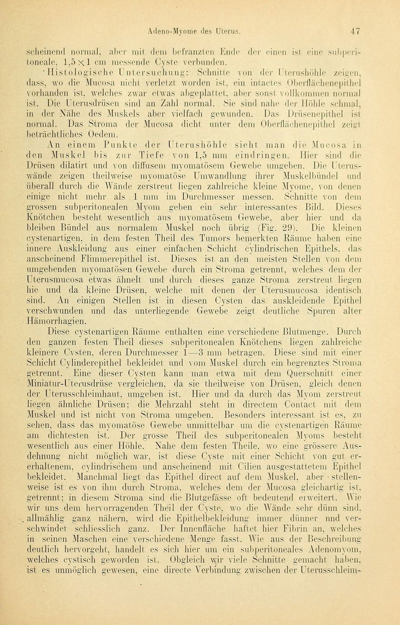 scheinend normal, aber mii dein befranzten Ende der einen isi eine subperi- toneale, 1,5x1 cm messende Cyste verbunden. 'Histologische Ihn rrsuchu ng: Schinne von drv [Jterushöhle zeigen, dass, wo die .Mucosa nicht verletz! worden ist, ein intactes Oberflächenepithel vorhanden ist. welches /war etwas abgeplattet, aber sonsl vollkommen normal ist. Die Uterusdrüsen sind an Zahl normal. Sie sind nahe der Höhle schmal, in der Nähe des Muskels aber vielfach gewunden. Das Drüsenepithel isi normal. Das Stroma der Mucosa dicht unter dem Oberflächenepithel zeigl b et rä chtii ch es 0 edem. An einem Punkte der Uterushöhle sieht man die Mucosa in den Muskel bis zur Tiefe von 1,5 mm eindringen. liier sind die Drüsen dilatirt und von diffusem myomatösem Gewebe umgeben. Die Uterus- wände zeigen theilweise myomatöse Umwandlung ihrer Muskelbündel und überall durch die Wände zerstreut liegen zahlreiche kleine Myome, von denen einige nicht mehr als 1 mm im Durchmesser messen. Schnitte von dem grossen subperitonealen Myom geben ein sehr interessantes Bild. Dieses Knötchen besteht wesentlich aus myomatösem Gewebe, aber hier und da bleiben Bündel aus normalem Muskel noch übrig (Fig. 29). Die kleinen cystenartigen, in dem festen Theil des Tumors bemerkten Räume haben eine innere Auskleidung aus einer einfachen Schicht cylindrischen Epithels, das anscheinend Flimmerepithel ist. Dieses ist an den meisten Stellen von dem umgebenden myomatösen Gewebe durch ein Stroma getrennt, welches dem der Uterusmucosa etwas ähnelt und durch dieses ganze Stroma zerstreut liegen hie und da kleine Drüsen, welche mit denen der Uterusmucosa identisch sind. An einigen Stellen ist in diesen Cysten das auskleidende Epithel verschwunden und das unterliegende Gewebe zeigt deutliche Spuren alter Hämorrhagien. Diese cystenartigen Räume enthalten eine verschiedene Blutmenge. Durch den ganzen festen Theil dieses subperitonealen Knötchens liegen zahlreiche kleinere Gvsten, deren Durchmesser 1—3 mm betragen. Diese sind mit einer Schicht Cylinderepithel bekleidet und vom Muskel durch ein begrenztes Stroma getrennt. Eine dieser Cysten kann man etwa mit dem Querschnitt einer Miniatur-Uterusdrüse vergleichen, da sie theilweise von Drüsen, gleich denen der Uterusschleimhaut, umgeben ist. Hier und da durch das Myom zerstreut liegen ähnliche Drüsen; die Mehrzahl stellt in directem Contact mit dem Muskel und ist nicht von Stroma umgeben. Besonders interessant ist es, zu sehen, dass das myomatöse Gewebe unmittelbar um die cystenartigen Räume am dichtesten ist. Der grosse Theil des subperitonealen Myoms besteht wesentlich aus einer Höhle. Nahe dem festen Theile, wo eine grössere Aus- dehnung nicht möglich war, ist diese Cyste mit einer Schicht von gut er- erhaltenem, eylindrischem und anscheinend mit Cilien ausgestattetem Epithel bekleidet. Manchmal liegt das Epithel direct auf dem Muskel, aber ■ stellen- weise ist es von ihm durch Stroma, welches dem der Mucosa gleichartig ist. getrennt; in diesem Stroma sind die Blutgefässe oft bedeutend ei wettert. Wie wir uns dem hervorragenden Theil der Cyste, wo die Wände sehr dünn sind. allmählig ganz nähern, wird die Epithelbekleidung' immer dünner und ver- schwindet schliesslich ganz. Der Innenfläche haftet hier Fibrin an, welches in seinen Maschen eine verschiedene Menge fasst. Wie aus der Beschreibung- deutlich hervorgeht, handelt es sich hier um ein subperitoneales Adenomyom, welches cystisch geworden ist. Obgleich wir viele Schnitte gemacht haben, ist es unmöglich gewesen, eine directe Verbindung zwischen der Uterusschleim-