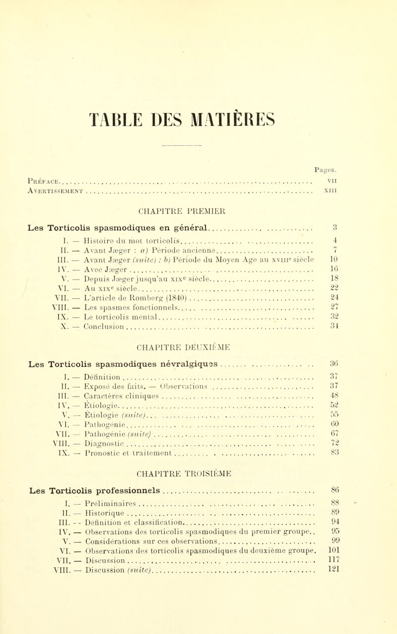 TABLE DES MATIÈRES Pages. Préface. vu AVERTI.SSEMENT XIII CHAPITRE PREMIER Les Torticolis spasmodiques en général 3 I. — Histoire du mot torticolis. -1 H. — Avant Jseger : a) Période ancienne 7 ni. — Avant Jœger (suite) : b) Période du Moyen Age au xviii<^ siècle 10 IV. — Avec Jœger Itj V. — Depuis Jieger jusqu'au xix^ siècle 18 VI. — Au xix^ siècle 22 VII. — L'article de Romberg (1840) 24 VIII. — Les spasmes fonctionnels. 27 IX. — Le torticolis mental 32 X. — Conclusion 31 CHAPITRE DFJ'XIl'ME Les Torticolis spasmodiques névralgiques 36 I. — Définition 37 II. — Exposé des faits. — Observations 37 m. — Caractères cliniques 48 IV, — Etiologie 52 V. — Etiologie (suite) ôô \T. — Pathogénie tiO VII. — Pathogénie (suite) 67 VIII. — Diagnostic 72 IX. — Pronostic et traitement 83 CHAPITRE TROISIÈME Les Torticolis professionnels 86 I. — Préliminaires 88 II. — Historique 89 III. - - Définition et classification 94 IV. — Observations des torticolis spasmodiques du premier groupe.. 95 V. — Considérations sur ces observations 99 VI. — Observations des torticolis .spasmodiques du deuxième groupe. 101 VII. — Discussion 117 ^TII. — Discussion (suite) 121