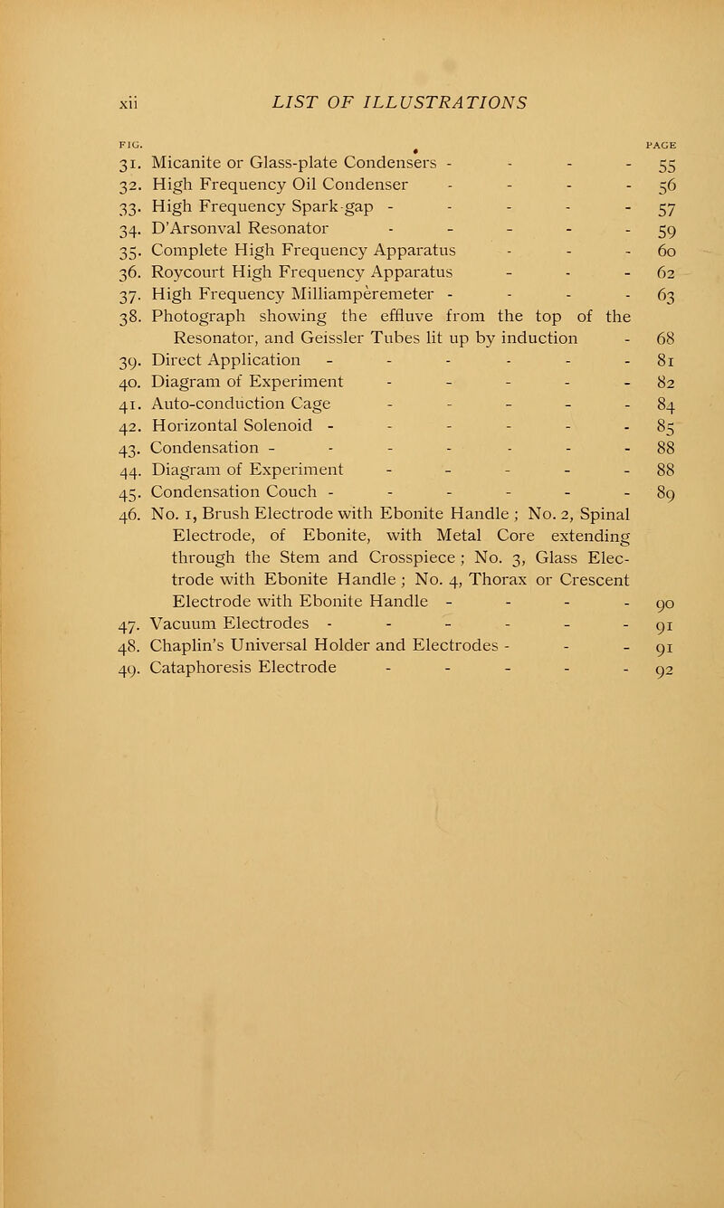 FIG. ^ PAGE 31. Micanite or Glass-plate Condensers - - - - 55 32. High Frequency Oil Condenser - - - - 56 33. High Frequency Spark-gap - - - - - 57 34. D'Arsonval Resonator - - - - - 59 35. Complete High Frequency Apparatus - - - 60 36. Roycourt High Frequency Apparatus - - - 62 37. High Frequency Milliamperemeter - - - - 63 38. Photograph showing the effluve from the top of the Resonator, and Geissler Tubes lit up by induction - 68 39. Direct Application - - - - - - 81 40. Diagram of Experiment - - - - - 82 41. Auto-conduction Cage - - - - - 84 42. Horizontal Solenoid - - - - - - §5 43. Condensation - - - - - - - 88 44. Diagram of Experiment - - - - - 88 45. Condensation Couch - - - - - - 89 46. No. I, Brush Electrode with Ebonite Handle ; No. 2, Spinal Electrode, of Ebonite, with Metal Core extending through the Stem and Crosspiece ; No. 3, Glass Elec- trode with Ebonite Handle ; No. 4, Thorax or Crescent Electrode with Ebonite Handle - - - - 90 47. Vacuum Electrodes - - - - -  91 48. Chaplin's Universal Holder and Electrodes - - - 91 49. Cataphoresis Electrode - - - - 92