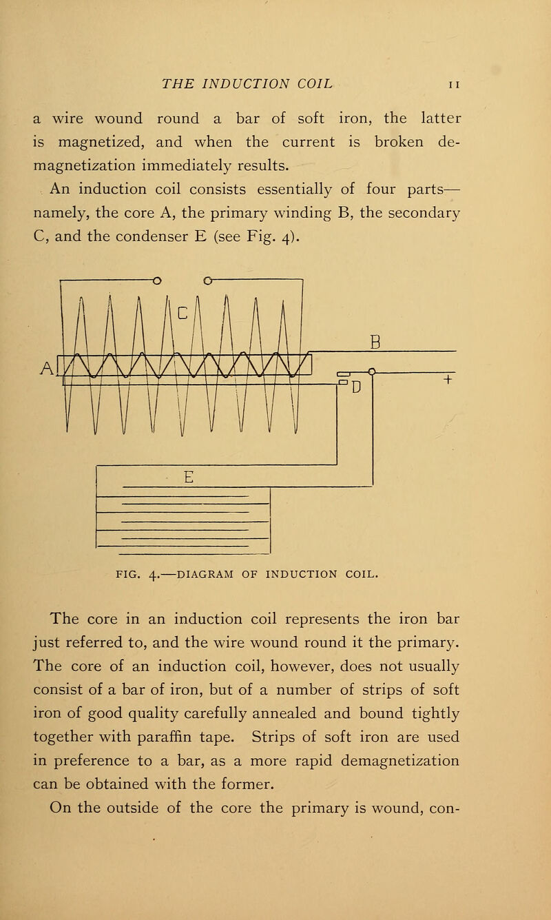 a wire wound round a bar of soft iron, the latter is magnetized, and when the current is broken de- magnetization immediately results. An induction coil consists essentially of four parts— namely, the core A, the primary winding B, the secondary C, and the condenser E (see Fig. 4). All/ FIG. 4.—DIAGRAM OF INDUCTION COIL. The core in an induction coil represents the iron bar just referred to, and the wire wound round it the primary. The core of an induction coil, however, does not usually consist of a bar of iron, but of a number of strips of soft iron of good quality carefully annealed and bound tightly together with paraffin tape. Strips of soft iron are used in preference to a bar, as a more rapid demagnetization can be obtained with the former. On the outside of the core the primary is wound, con-