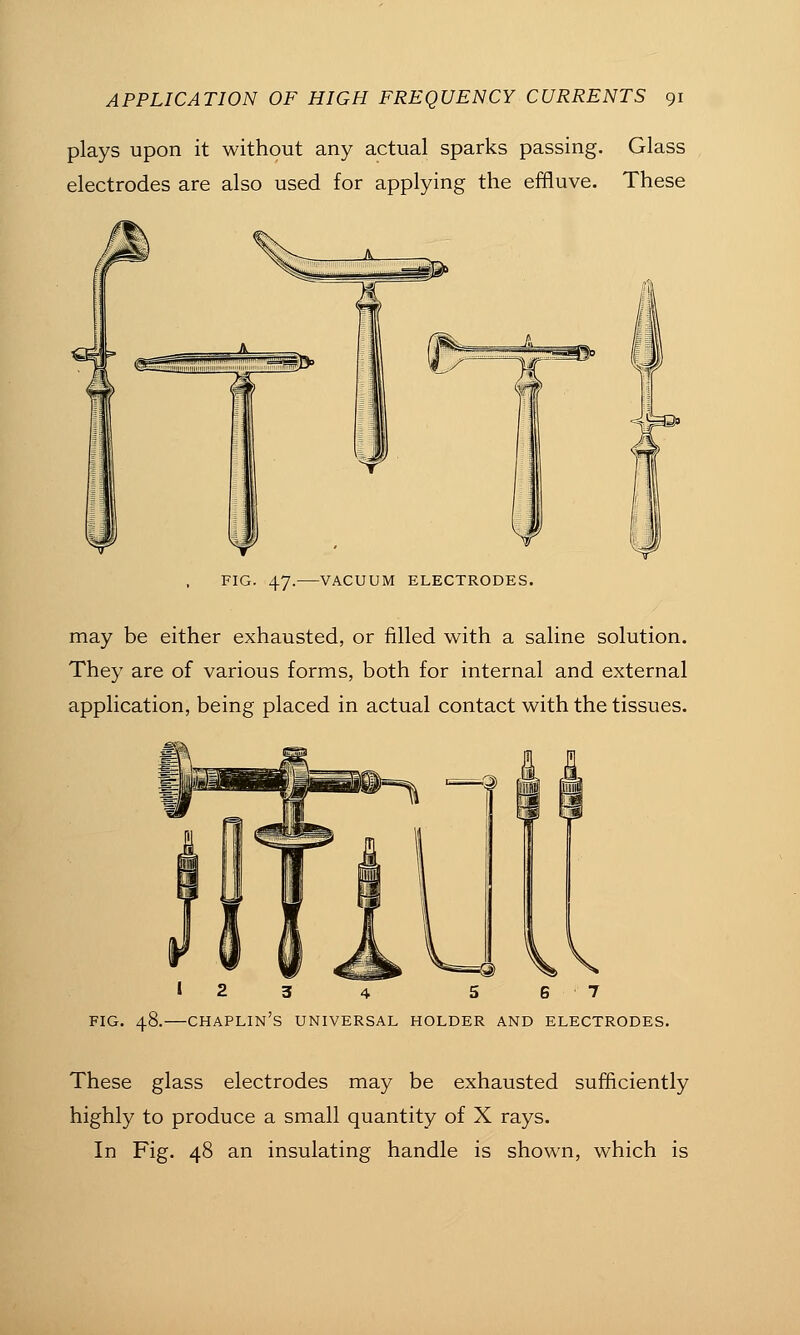 plays upon it without any actual sparks passing. Glass electrodes are also used for applying the effluve. These FIG. 47. VACUUM ELECTRODES. may be either exhausted, or filled with a saline solution. They are of various forms, both for internal and external application, being placed in actual contact with the tissues. 123 4 5 e 7 FIG. 48.—Chaplin's universal holder and electrodes. These glass electrodes may be exhausted sufficiently highly to produce a small quantity of X rays. In Fig. 48 an insulating handle is shown, which is