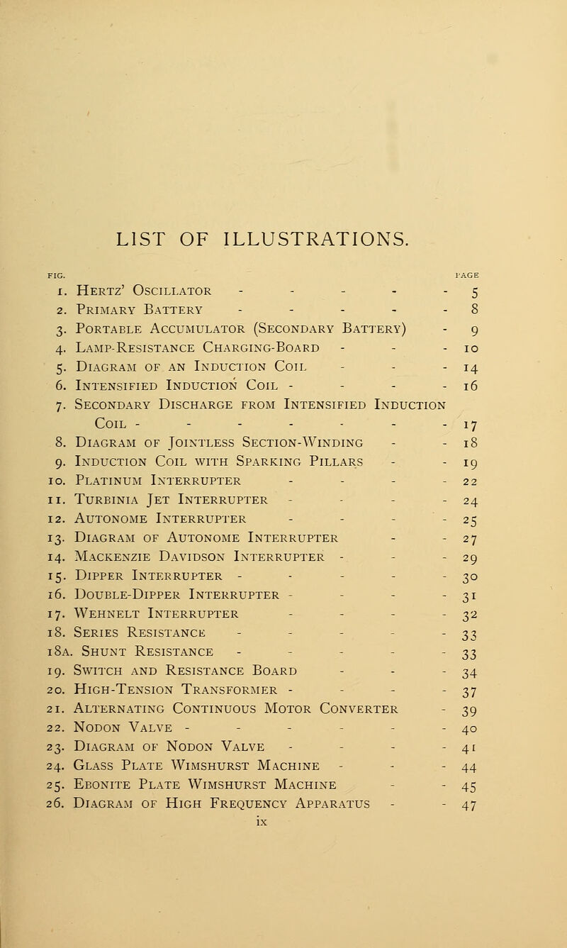 LIST OF ILLUSTRATIONS. FIG. l'AGE i. Hertz' Oscillator - - - - - 5 2. Primary Battery - - - - 8 3. Portable Accumulator (Secondary Battery) - 9 4. Lamp-Resistance Charging-Board - - - 10 5. Diagram of an Induction Coil - - 14 6. Intensified Induction Coil - - - - 16 7. Secondary Discharge from Intensified Induction Coil - - - - - - - 17 8. Diagram of Jointless Section-Winding - - 18 9. Induction Coil with Sparking Pillars - - 19 10. Platinum Interrupter - - - -22 11. Turbinia Jet Interrupter - - - 24 12. Autonome Interrupter - - - 25 13. Diagram of Autonome Interrupter - - 27 14. Mackenzie Davidson Interrupter - - 29 15. Dipper Interrupter - - - - - 30 16. Double-Dipper Interrupter - - - 31 17. Wehnelt Interrupter - - - - 32 18. Series Resistance - - - -33 i8a. Shunt Resistance - - 33 19. Switch and Resistance Board - - - 34 20. High-Tension Transformer - - - - 37 21. Alternating Continuous Motor Converter - 39 22. Nodon Valve - - - 40 23. Diagram of Nodon Valve - - - 41 24. Glass Plate Wimshurst Machine - - - 44 25. Ebonite Plate Wimshurst Machine - 45 26. Diagram of High Frequency Apparatus - - 47