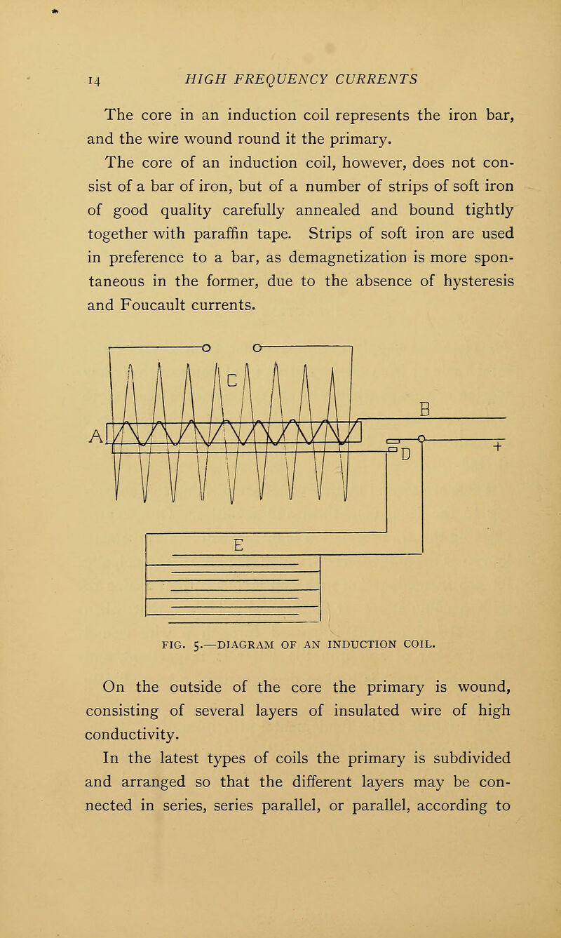 The core in an induction coil represents the iron bar, and the wire wound round it the primary. The core of an induction coil, however, does not con- sist of a bar of iron, but of a number of strips of soft iron of good quality carefully annealed and bound tightly together with paraffin tape. Strips of soft iron are used in preference to a bar, as demagnetization is more spon- taneous in the former, due to the absence of hysteresis and Foucault currents. FIG. 5.—DIAGRAM OF AN INDUCTION COIL. On the outside of the core the primary is wound, consisting of several layers of insulated wire of high conductivity. In the latest types of coils the primary is subdivided and arranged so that the different layers may be con- nected in series, series parallel, or parallel, according to