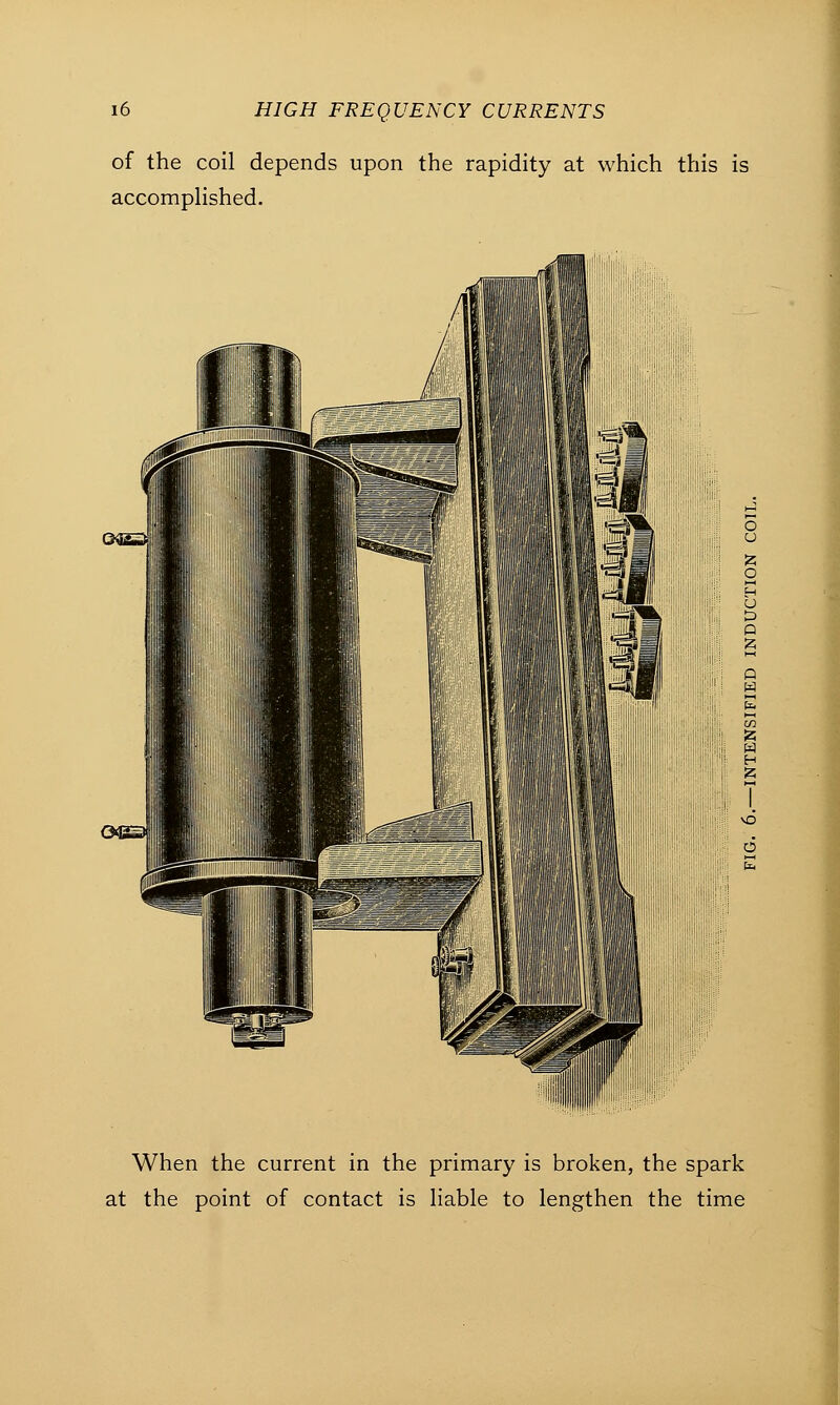 of the coil depends upon the rapidity at which this is accomplished. e-iii^i OS3 When the current in the primary is broken, the spark at the point of contact is liable to lengthen the time