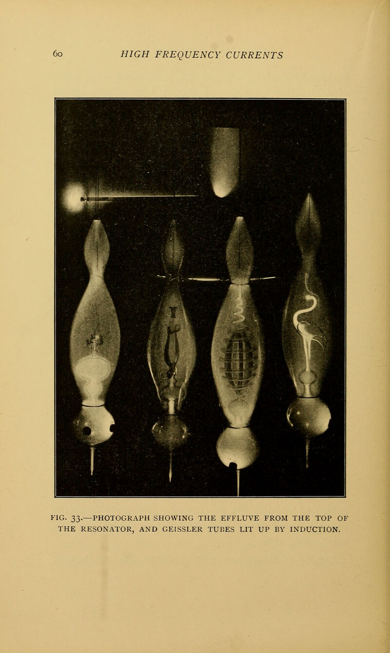 FIG. 33.—PHOTOGRAPH SHOWING THE EFFLUVE FROM THE TOP OF THE RESONATOR, AND GEISSLER TUBES LIT UP BY INDUCTION.