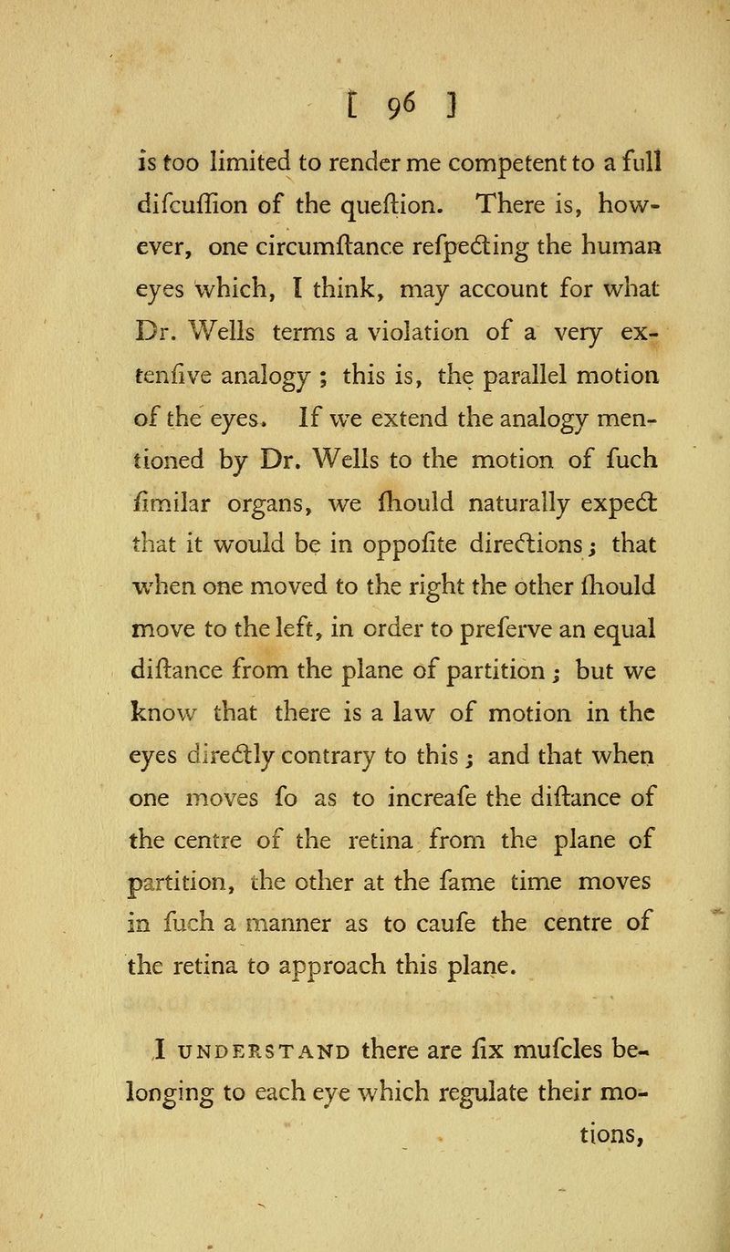 IS too limited to render me competent to a full difcuffion of the queflion. There is, how- ever, one circumftance refpeding the human eyes which, I think, may account for what Dr. Wells terms a violation of a very ex- tend ve analogy ; this is, the parallel motion of the eyes* If we extend the analogy men- tioned by Dr. Wells to the motion of fuch fimilar organs, we fhould naturally exped: that it would be in oppofite directions; that when one moved to the right the other (liould move to the left, in order to preferve an equal diftance from the plane of partition; but we know that there is a law of motion in the eyes diredtly contrary to this ; and that when one moves fo as to increafe the diftance of the centre of the retina from the plane of partition, the other at the fame time moves in fuch a manner as to caufe the centre of the retina to approach this plane. I UNDERSTAND there are fix mufcles be- longing to each eye which regulate their mo- tions,