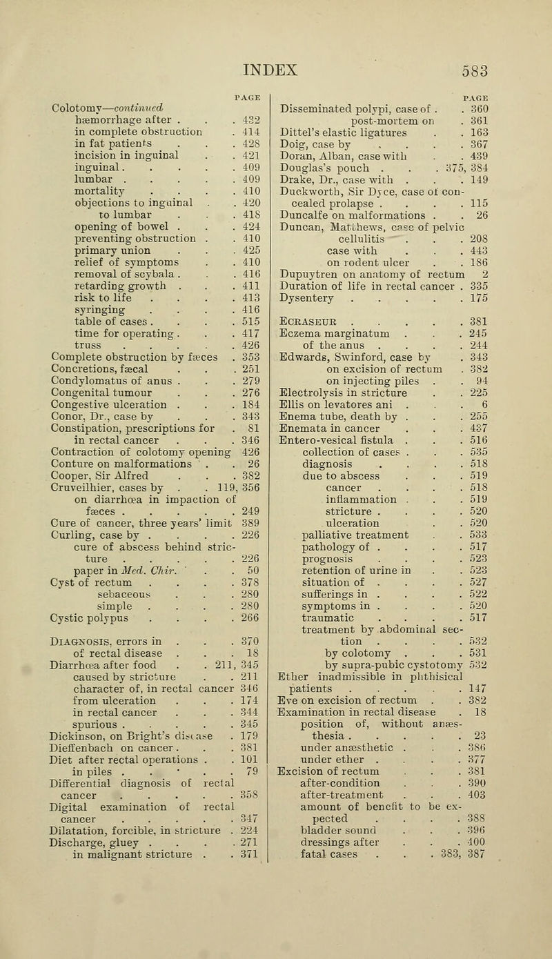 PAGE PAGE Colotomy—continued Disseminated polypi, case of . 360 haemorrhage after . 432 post-mortem on . 361 in complete obstruction 414 Dittel's elastic ligatures . 163 in fat patients 428 Doig, case by . 367 incision in inguinal 421 Doran, Alban, case with . 439 inguinal. 409 Douglas's pouch . . 375, 384 lumbar . 409 Drake, Dr., case with . . 149 mortality 410 Duckworth, Sir Dyce, case of con- objections to inguinal 420 cealed prolapse . . 115 to lumbar 418 Duncalfe on malformations . 26 opening of bowel . 424 Duncan, Matthews, ca?c of selvic preventing obstruction 410 cellulitis . 208 primary union 425 case with . 443 relief of symptoms 410 on rodent ulcer . 186 removal of scybala . 416 Dupuytren on anatomy of r ectum 2 retarding growth . 411 Duration of life in rectal cancer . 335 risk to life 413 Dysentery . 175 syringing 416 table of cases . 515 ECKASETJR . . 381 time for operating . 417 Eczema marginatum . 245 truss 426 of the anus . 244 Complete obstruction by fa?ces 353 Edwards, Swinford, case by . 343 Concretions, faecal 251 on excision of rectum . 382 Condylomatus of anus . 279 on injecting piles . 94 Congenital tumour 276 Electrolysis in stricture . 225 Congestive ulceration . 184 Ellis on levatores ani 6 Conor, Dr., case by 343 Enema tube, death by . . 255 Constipation, prescriptions for 81 Enemata in cancer . 4S7 in rectal cancer 346 Entero-vesical fistula . . 516 Contraction of colotomy opening 426 collection of cases . . 535 Conture on malformations 26 diagnosis . 518 Cooper, Sir Alfred 382 due to abscess . 519 Cruveilhier, cases by . 119 356 cancer . 518 on diarrhoea in impaction of inflammation . . 519 fseces . 249 stricture . . 520 Cure of cancer, three years' limit 389 ulceration . 520 Curling, case by . 226 palliative treatment . 533 cure of abscess behind stric- pathology of . . 517 ture 226 prognosis . 523 paper in Med. Chir. 50 retention of urine in . 523 Cyst of rectum 378 situation of . . 527 sebaceous 280 sufferings in . . 522 simple 280 symptoms in . . 520 Cystic polypus 266 traumatic treatment by abdomina . 517 . sec- Diagnosis, errors in . 370 tion . 532 of rectal disease 18 by colotomy . 531 Diarrhoea after food . 211 345 by supra-pubic cystc tomy 532 caused by stricture 211 Ether inadmissible in phtf isical character of, in rectal cancer 34 G patients . 147 from ulceration 174 Eve on excision of rectum . 382 in rectal cancer 344 Examination in rectal disease ) . 18 spurious . 345 position of, without anses- Dickinson, on Bright's disia se 179 thesia .... . 23 Dieffenbach on cancer. 381 under anaesthetic . . 386 Diet after rectal operations 101 under ether . . 377 in piles . 79 Excision of rectum . 381 Differential diagnosis oE rectal after-condition . 390 cancer 35S after-treatment . 403 Digital examination of rectal amount of benefit to t e ex- cancer 347 pected . 388 Dilatation, forcible, in stricture . 224 bladder sound . 396 Discharge, gluey . 271 dressings after . 400 in malignant stricture 371 fatal cases 383, 387