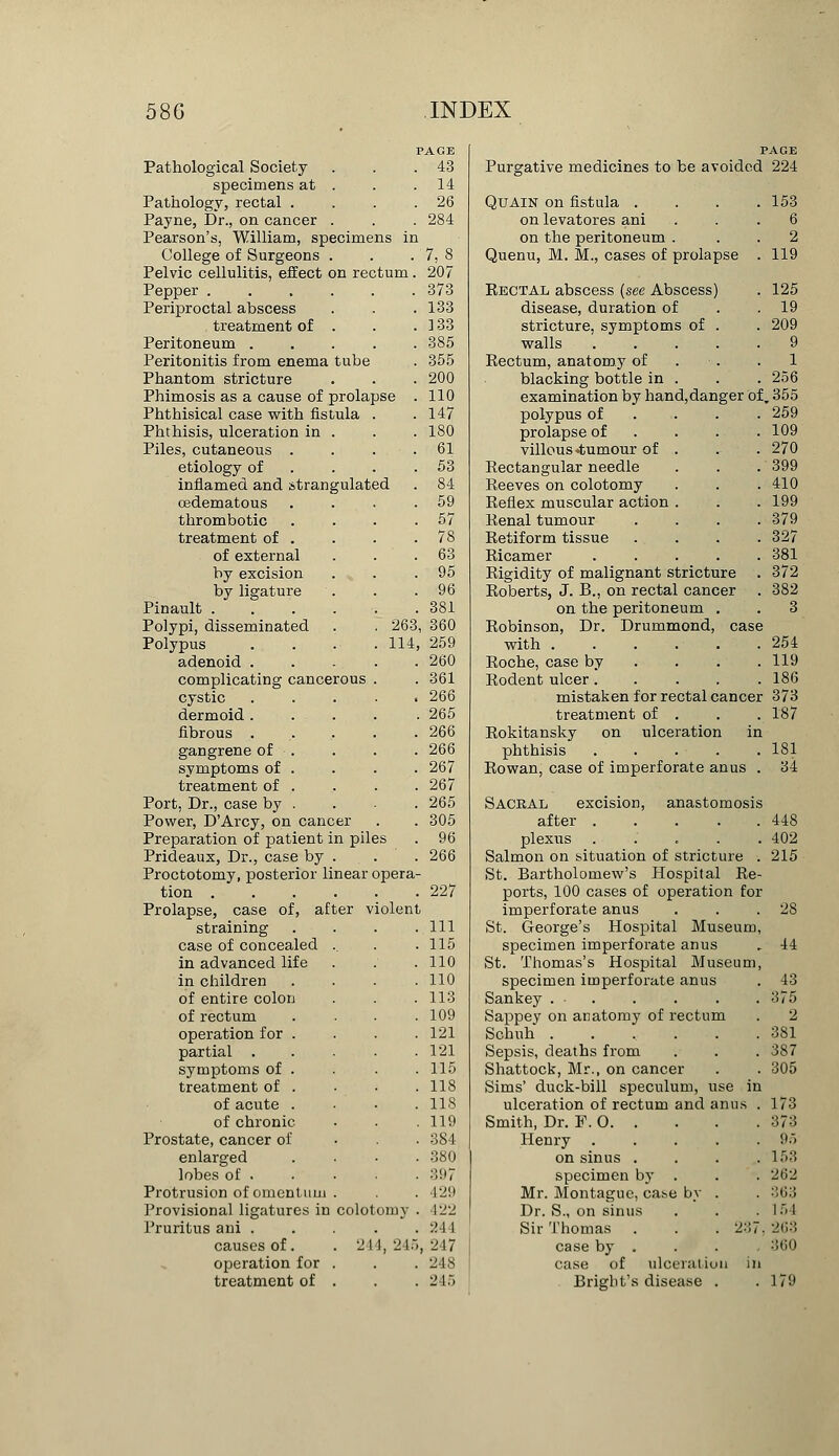 PAGE Pathological Society . . .43 specimens at . . .14 Pathology, rectal . . . .26 Payne, Dr., on cancer . . . 284 Pearson's, William, specimens in College of Surgeons . . .' 7, 8 Pelvic cellulitis, effect on rectum. 207 Pepper 373 Periproctal abscess . . .133 treatment of . . . ] 33 Peritoneum ..... 385 Peritonitis from enema tube . 355 Phantom stricture . . . 200 Phimosis as a cause of prolapse . 110 Phthisical case with fistula . .147 Phthisis, ulceration in . . . 180 Piles, cutaneous . . . .61 etiology of . . .53 inflamed and strangulated . 84 cedematous . . . .59 thrombotic . . . .57 treatment of . . . .78 of external . . . 63 by excision . » . .95 by ligature . . .96 Pinault 381 Polypi, disseminated . . 263, 360 Polypus .... 114, 259 adenoid ..... 260 complicating cancerous . . 361 cystic . . . . • 266 dermoid. ... . . 265 fibrous 266 gangrene of . . . . 266 symptoms of . . . . 267 treatment of . . . . 267 Port, Dr., case by . . . . 265 Power, D'Arcy, on cancer . . 305 Preparation of patient in piles . 96 Prideaux, Dr., case by . . . 266 Proctotomy, posterior linear opera- tion 227 Prolapse, case of, after violent straining . . . .111 case of concealed .. . .115 in advanced life . . .110 in children . . . .110 of entire colon . . .113 of rectum .... 109 operation for .... 121 partial . . . . .121 symptoms of . . . .115 treatment of . • • .118 of acute .... 118 of chronic • . .119 Prostate, cancer of ... 384 enlarged .... 380 lobes of . . • • • :li'7 Protrusion of omentum . . . 429 Provisional ligatures in colotomy . 122 Pruritus ani . . . . . :'. I I causes of. . 2 11, 215, 217 operation for . . .248 treatment of . . .24 5 PAGE Purgative medicines to be avoided 224 QUAIN on fistula . on levatores ani 153 on the peritoneum . 2 Quenu, M. M., cases of prolapse 119 Eectal abscess (see Abscess) 125 disease, duration of 19 stricture, symptoms of . 209 walls .... 9 Eectum, anatomy of 1 blacking bottle in . 256 examination by hand,danger of. 355 polypus of 259 prolapse of 109 villous ^tumour of . . 270 Rectangular needle 399 Reeves on colotomy 410 Reflex muscular action . 199 Renal tumour 379 Retiform tissue 327 Ricamer .... 381 Rigidity of malignant stricture 372 Roberts, J. B., on rectal cancer 382 on the peritoneum . 3 Robinson, Dr. Drummond, case with ..... 254 Roche, case by 119 Rodent ulcer.... 186 mistaken for rectal cancer 373 treatment of . 187 Rokitansky on ulceration in phthisis .... 181 Rowan, case of imperforate anus 34 Sacral excision, anastomosis after .... 448 plexus .... . 402 Salmon on situation of stricture 215 St. Bartholomew's Hospital Re ports, 100 cases of operation for imperforate anus 28 St. George's Hospital Museum specimen imperforate anus . 44 St. Thomas's Hospital Museum specimen imperforate anus 43 Sankey 375 Sappey on anatomy of rectum 2 Schuh ..... 381 Sepsis, deaths from 387 Shattock, Mr., on cancer 305 Sims' duck-bill speculum, use ir L ulceration of rectum and anus 173 Smith, Dr. F. O. . 373 Henry .... 95 on sinus . 153 specimen by . 262 Mr. Montague, ca^e by . 363 Dr. S., on sinus 154 Sir Thomas . . . 287 . 263 case by . 360 case of ulceration ii Brigbt's disease . 179