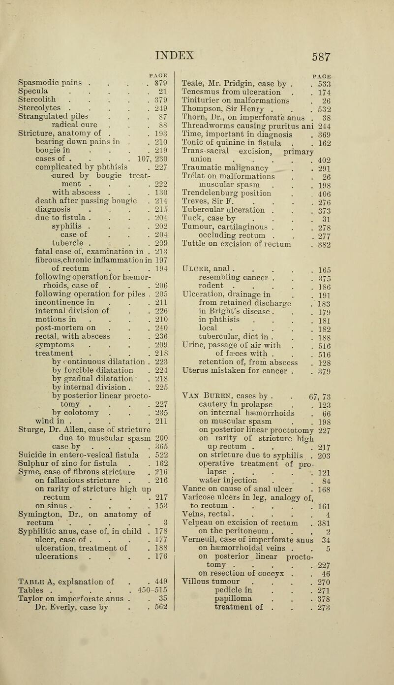 Spasmodic pains . Specula Stercolith Stercolytes . Strangulated piles radical cure Stricture, anatomy of . bearing down pains in bougie in cases of . . . . 107, complicated by phthisis ■cured by bougie treat- ment . with abscess . death after passing bougie diagnosis .... due to fistula .... syphilis .... case of tubercle .... fatal case of, examination in . fibrous,chronic inflammation in of rectum following operation for hcemor- rhoids, case of following operation for piles . incontinence in internal division of motions in ... post-mortem on rectal, with abscess symptoms .... treatment .... by continuous dilatation . by forcible dilatation by gradual dilatation by internal division . by posterior linear procto- tomy .... by colotoray wind in . . . Sturge, Dr. Allen, case of stricture due to muscular spasm case by Suicide in entero-vesical fistula . Sulphur of zinc for fistula Syme, case of fibrous stricture on fallacious stricture . on rarity of stricture high up rectum .... on sinus ..... Symington, Dr., on anatomy of rectum ..... Syphilitic anus, case of, in child . ulcer, case of . ulceration, treatment of ulcerations .... AGE 879 21 379 249 87 88 193 210 219 230 227 222' 130 214 215 204 202 204 209 213 197 194 206 205 211 226 210 240 236 209 218 223 224 218 225 227 235 211 200 365 522 162 216 216 217 153 3 178 177 188 176 Table A, explanation of . . 449 Tables 450-515 Taylor on imperforate anus . . 35 Dr. Everly, case by , . 562 PAGE Teale, Mr. Pridgin, case by . . 533 Tenesmus from ulceration . . 174 Tiniturier on malformations . 26 Thompson, Sir Henry . . .532 Thorn, Dr., on imperforate anus . 38 Threadworms causing pruritus ani 244 Time, important in diagnosis . 369 Tonic of quinine in fistula . .162 Trans-sacral excision, primary union ..... 402 Traumatic malignancy . . 291 Trelat on malformations . . 26 muscular spasm . . . 198 Trendelenburg position . .406 Treves, Sir F. . . . . 276 Tubercular ulceration . . . 373 Tuck, case by . . .31 Tumour, cartilaginous . . . 278 occluding rectum . . . 277 Tuttle on excision of rectum . 382 Ulcek, anal . . . . .165 resembling cancer . . . 375 rodent . . . . .186 Ulceration, drainage in . .191 from retained discharge . 183 in Bright's disease .  . . 179 in phthisis .... 181 local 182 tubercular, diet in . . .188 Urine, passage of air with . .516 of fasces with . . . 516 retention of, from abscess . 128 Uterus mistaken for cancer . . 379 VAN Bueen, cases by . . 67, 73 cautery in prolapse . .123 on internal haemorrhoids . 66 on muscular spasm . .198 on posterior linear proctotomy 227 on rarity of stricture high up rectum . . . .217 on stricture due to syphilis . 203 operative treatment of pro- lapse 121 water injection . . .84 Vance on cause of anal ulcer . 168 Varicose ulcers in leg, analogy of, to rectum . . . . .161 Veins, rectal..... 4 Velpeau on excision of rectum . 381 on the peritoneum ... 2 Verneuil, case of imperforate anus 34 on hasmorrhoidal veins . . 5 on posterior linear procto- tomy 227 on resection of coccyx . . 46 Villous tumour .... 270 pedicle in 271 papilloma . . . 378 treatment of . . . 273