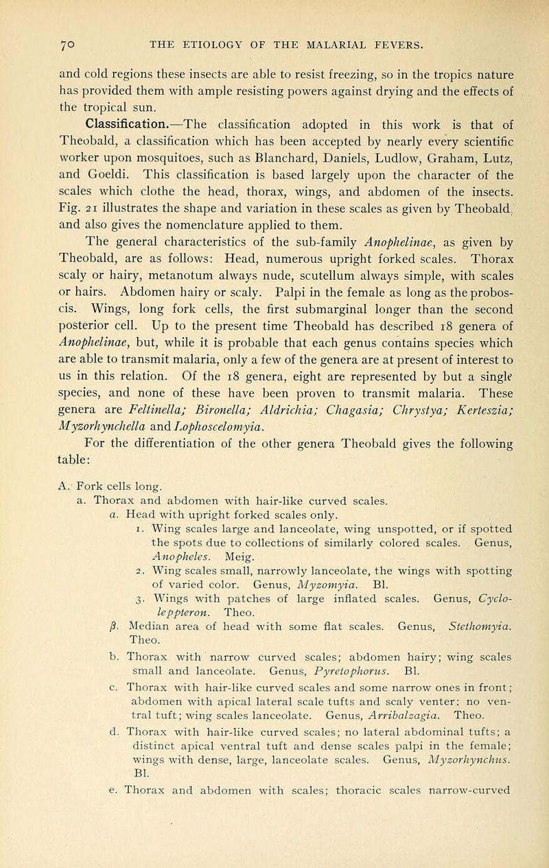 and cold regions these insects are able to resist freezing, so in the tropics nature has provided them with ample resisting powers against drying and the effects of the tropical sun. Classification.—The classification adopted in this work is that of Theobald, a classification which has been accepted by nearly every scientific worker upon mosquitoes, such as Blanchard, Daniels, Ludlow, Graham, Lutz, and Goeldi. This classification is based largely upon the character of the scales which clothe the head, thorax, wings, and abdomen of the insects. Fig. 21 illustrates the shape and variation in these scales as given by Theobald., and also gives the nomenclature applied to them. The general characteristics of the sub-family Anophelinae, as given by Theobald, are as follows: Head, numerous upright forked scales. Thorax scaly or hairy, metanotum always nude, scutellum always simple, with scales or hairs. Abdomen hairy or scaly. Palpi in the female as long as the probos- cis. Wings, long fork cells, the first submarginal longer than the second posterior cell. Up to the present time Theobald has described i8 genera of Anophelinae, but, while it is probable that each genus contains species which are able to transmit malaria, only a few of the genera are at present of interest to us in this relation. Of the i8 genera, eight are represented by but a single species, and none of these have been proven to transmit malaria. These genera are Feltinella; Bironella; Aldrichia; Chagasia; Chrystya; Kerteszia; Myzorhynchella and Lophoscelomyia. For the differentiation of the other genera Theobald gives the following table: A. Fork cells long. a. Thorax and abdomen with hair-like curved scales. a. Head with upright forked scales only. 1. Wing scales large and lanceolate, wing unspotted, or if spotted the spots due to collections of similarly colored scales. Genus, Anopheles. Meig. 2. Wing scales small, narrowly lanceolate, the wings with vSpotting of varied color. Genus, Myzomyia. Bl. 3. Wings with patches of large inflated scales. Genus, Cyclo- leppteron. Theo. /?. Median area of head with some flat scales. Genus, Stethomyia. Theo. b. Thorax with narrow curved scales; abdomen hairy; wing scales small and lanceolate. Genus, Pyretophorus. Bl. c. Thorax with hair-like curved scales and some narrow ones in front; abdomen with apical lateral scale tufts and scaly venter; no ven- tral tuft; wing scales lanceolate. Genus, Arrihalzagia. Theo. d. Thorax with hair-like curved scales; no lateral abdominal tufts; a distinct apical ventral tuft and dense scales palpi in the female; wings with dense, large, lanceolate scales. Genus, Myzorhynchus. Bl. e. Thorax and abdomen with scales; thoracic scales narrow-curved