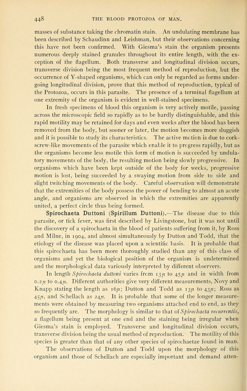 masses of substance taking the chromatin stain. An undulating membrane has been described by Schaudinn and Leishman, but their observations concerning this have not been confirmed. With Giesma's stain the organism presents numerous deeply stained granules throughout its entire length, with the ex- ception of the flagellum. Both transverse and longitudinal division occurs, transverse division being the most frequent method of reproduction, but the occurrence of Y-shaped organisms, which can only be regarded as forms under- going longitudinal division, prove that this method of reproduction, typical of the Protozoa, occurs in this parasite. The presence of a terminal flagellum at one extremity of the organism is evident in well-stained specimens. In fresh specimens of blood this organism is very actively motile, passing across the microscopic field so rapidly as to be hardly distinguishable, and this rapid motility may be retained for days and even weeks after the blood has been removed from the body, but sooner or later, the motion becomes more sluggish and it is possible to study its characteristics. The active motion is due to cork- screw-like movements of the parasite which enable it to progress rapidly, but as the organisms become less motile this form of motion is succeeded by undula- tory movements of the body, the resulting motion being slowly progressive. In organisms which have been kept outside of the body for weeks, progressive motion is lost, being succeeded by a swaying motion from side to side and slight twitching movements of the body. Careful observation will demonstrate that the extremities of the body possess the power of bending to almost an acute angle, and organisms are observed in which the extremities are apparently united, a perfect circle thus being formed. Spirochaeta Duttoni (Spirillum Duttoni).—The disease due to this parasite, or tick fever, was first described by Livingstone, but it was not until the discovery of a spirochaeta in the blood of patients suffering from it, by Ross and Milne, in 1904, and almost simultaneously by Button and Todd, that the etiology of the disease was placed upon a scientific basis. It is probable that this spirochaeta has been more thoroughly studied than any of this class of organisms and yet the biological position of the organism is undetermined and the morphological data variously interpreted by different observers. In length Spirochaeta duttoni varies from 13/z to 45/1 and in width from 0.2fi to 0.4/z. Different authorities give very different measurements, Novy and Knapp stating the length as 16/1; Button and Todd as 13/1 to 43//; Ross as 45//, and Schellach as 24//. It is probable that some of the longer measure- ments were obtained by measuring two organisms attached end to end, as they so frequently are. The morphology is similar to that oi Spirochaeta recurrentis, a flagellum being present at one end and the staining being irregular when Giesma's stain is employed. Transverse and longitudinal division occurs, transverse division being the usual method of reproduction. The motility of this species is greater than that of any other species of spirochaetae found in man. The observations of Button and Todd upon the morphology of this organism and those of Schellach are especially important and demand atten i