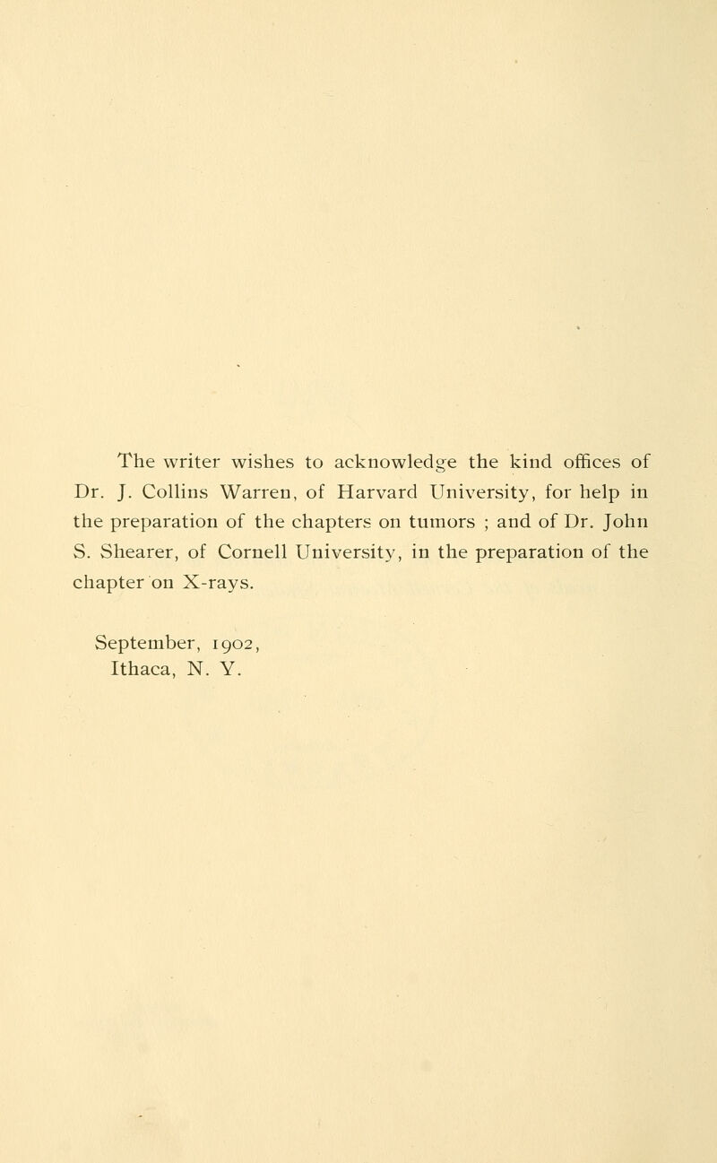 The writer wishes to acknowledge the kind offices of Dr. J. CoUins Warren, of Harvard University, for help in the preparation of the chapters on tumors ; and of Dr. John S. Shearer, of Cornell University, in the preparation of the chapter on X-rays. September, 1902,