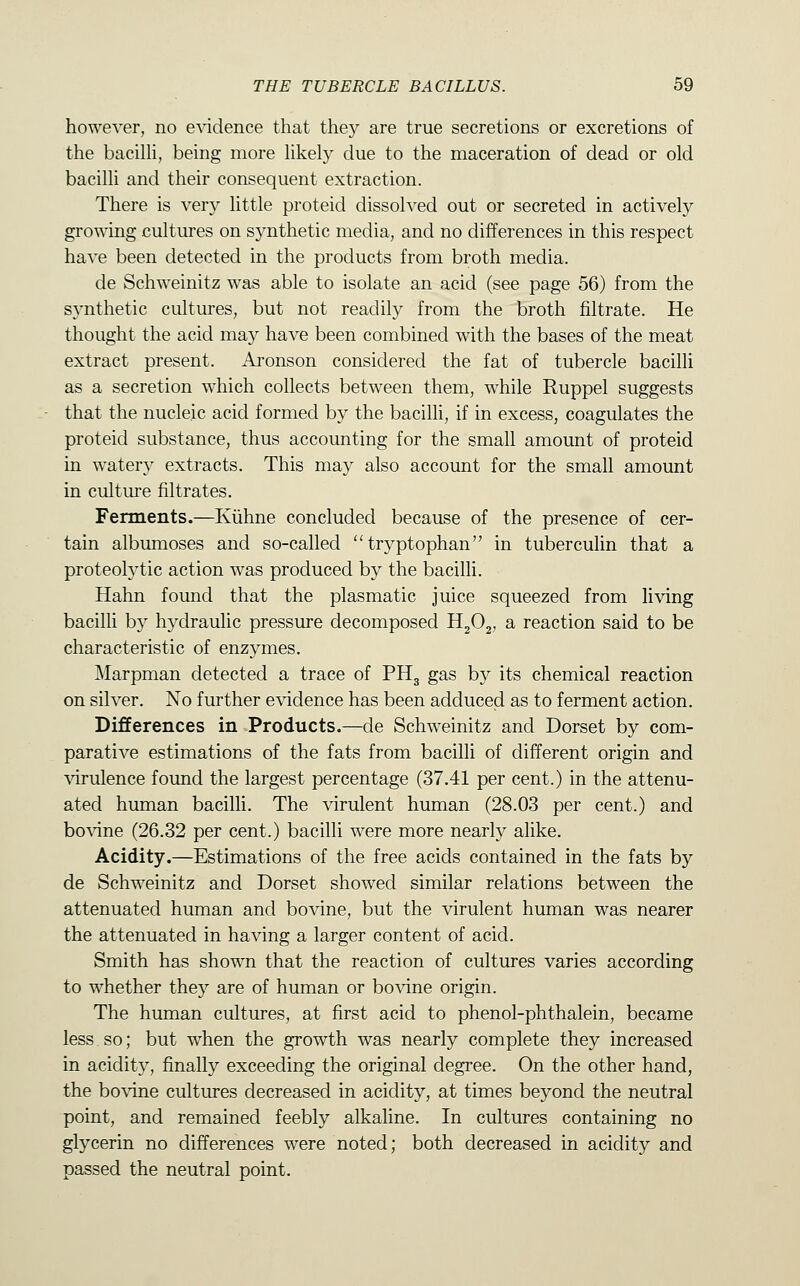 however, no evidence that they are true secretions or excretions of the bacilh, being more likely due to the maceration of dead or old bacilli and their consequent extraction. There is very little proteid dissolved out or secreted in actively growing cultures on synthetic media, and no differences in this respect have been detected in the products from broth media. de Schweinitz was able to isolate an acid (see page 56) from the synthetic cultures, but not readily from the broth filtrate. He thought the acid may have been combined with the bases of the meat extract present. Aronson considered the fat of tubercle bacilli as a secretion which collects between them, while Ruppel suggests that the nucleic acid formed by the bacilli, if in excess, coagulates the proteid substance, thus accounting for the small amount of proteid in w^atery extracts. This may also account for the small amount in culture filtrates. Ferments.—Kiihne concluded because of the presence of cer- tain albumoses and so-called tryptophan in tuberculin that a proteolytic action was produced by the bacilli. Hahn found that the plasmatic juice squeezed from living bacilli by hydraulic pressure decomposed H2O2, a reaction said to be characteristic of enzymes. Marpman detected a trace of PHg gas by its chemical reaction on silver. No further evidence has been adduced as to ferment action. Differences in Products.—de Schweinitz and Dorset by com- parative estimations of the fats from bacilli of different origin and virulence found the largest percentage (37,41 per cent.) in the attenu- ated human bacilli. The virulent human (28.03 per cent.) and bovine (26.32 per cent.) bacilli were more nearly alike. Acidity.—Estimations of the free acids contained in the fats by de Schweinitz and Dorset showed similar relations between the attenuated human and bovine, but the virulent human was nearer the attenuated in having a larger content of acid. Smith has shown that the reaction of cultures varies according to whether they are of human or bovine origin. The human cultures, at first acid to phenol-phthalein, became less. so; but when the growth was nearly complete they increased in acidity, finally exceeding the original degree. On the other hand, the bovine cultures decreased in acidity, at times beyond the neutral point, and remained feebly alkaline. In cultures containing no glycerin no differences were noted; both decreased in acidity and passed the neutral point.