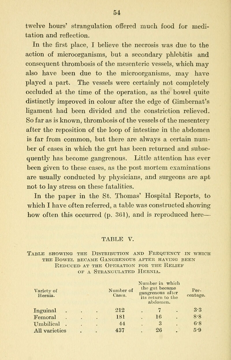 twelve hours' strangulation offered much food for medi- tation and reflection. In the first place, I believe the necrosis was due to the action of microorganisms, but a secondary phlebitis and consequent thrombosis of the mesenteric vessels, which may also have been due to the microorganisms, may have played a part. The vessels were certainly not completely occluded at the time of the operation, as the bowel quite distinctly improved in colour after the edge of Gimbernat's ligament had been divided and the constriction relieved. So far as is known, thrombosis of the vessels of the mesentery after the reposition of the loop of intestine in the abdomen is far from common, but there are always a certain num- ber of cases in which the gut has been returned and subse- quently has become gangrenous. Little attention has ever been given to these cases, as the post mortem examinations are usually conducted by physicians, and surgeons are apt not to lay stress on these fatalities. In the paper in the St. Thomas' Hospital Reports, to which I have often referred, a table was constructed showing how often this occurred (p. 361), and is reproduced here— TABLE V. Table showing the Distribution and Frequency in which the Bowel became Gangrenous after having been Reduced at the Operation for the Relief of a Strangulated Hernia. Number in which V™ety°£ Number of Jn^luTXr Per- Hernia- Cases- its return to the Centa§e- abdomen. Inguinal ... 212 . 7 . 33 Femoral ... 181 . 16 8-8 Umbilical ... 44 . 3 . 68 All varieties . 437 . 26 5-9