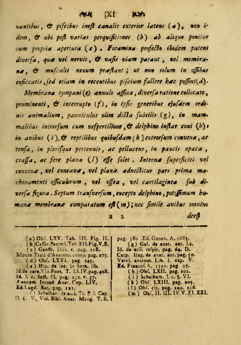 <*X [XI K#> nantibus, & pifcibus ineft eanalis extcrior laUm (a)9 non r dsm, & ubi poft varias perquifitioncs (b) ab aliquo poniiur cum propria apcrtura (e) • Foramina profctlo ibidcm patcnt divcrfa, qu* vcl ncrvis, & vafis viam parant , vcl mcmbra~ **, & mufcuhl ncxum praftant ; ut non solum in ojfibut exficcatis ,fed ctiam in recentibus pifcium falkrc hdc pqffint(d). Mcmbrana tympani(t) annulo affixa, divcrfa ratione collocato, promincnti, & inierrupto [f)9 in ipfis generibut ejufdem ordi- nis animalium, panniculus oiim difla fubtiiis (g) 9 in mam» malibus introrfum cum vcfpertiiione, & deiphino inftar eoni (b) t in avibus (i)}& rcptilibus quibufdam(k]extrorfum convexa,ae tenfa, in plerifque pwtenuis, ac peiiucens, in faucis opaca , crajfa9 ac ferc piana (T)\ cffe foict . Jnternd fuperficiei vct convsxd , vcl coneavd % vcl plana*. adneclitur pars prima ma~ chinamenti officubrum , vcl ojfea , vel cartilaginea fub di- verfa fi^ura. Septum tranfvcrfum, cxcepto dclphino, potijimum hu» mand mcmbran* eomparatum efl(m);nec fimile avibus omnfm a z deefi [a)Obf. LXV. Tab. II7. Fig. II. ( b JCafTer.Pcnrarft.Tab.X I LFig.V.B. (c) GeoftV. Difs. c. pag. ic8. Monro Trait cTAnaiom. corop. pag. 27C. (d) Obf. LXVi. pag 145. ( « ) Kip. de loc. in hona. lib. Id.de carn.Vid.Foes. T. LS.IV.pag.408. Id. i. c. Seft. !IJ. pag. i;a. ▼. $7. /nonym Introd- Anat. Cap. LIV. Ed.Lugd. Bat. pag. itt. II. $. V.. Vid. Bibi. Anat. Mang. T. 11. pag. 380 .Ed.Genev. A. 1685. (g) Gai. dt toat. tur. i.c. Id. dt util. refpir. p&g. 64. D. Carp. Kag.de anat. aur. pag. 59. Varol. anatom. Lib. I. cap. V. Ed. Fraacof.A. 1591. ptg 27. ( h ) Obf. LXH. pag. 202. ( 1) Schelhim. !. c. §. VI. (k) Obf. LXIII. ptg. to*. ( !) Obf. cit. pag. xo?. aio'.