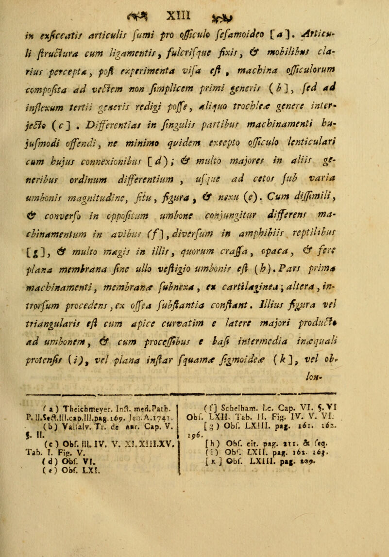 in exficcatit articuUs fumi fro offtcuk fefamoideo (>]. Articu- li ftruclura cum ligamentit, fulcrifque fixif, & mohilihnt cla- riuf pcrcepta, pji experimenta vifa eft , machina ojficuhrum compofita ad veclem non fimplicem primi generit ( h ], fed ad injlexum tertii geaerit redigi poffe, aliyuo trocble* genere inter* jeclo (c ] . Differentiat in fingulit partihur machinamenti bu- jufmodi offendi, «f minimo quidem exeepto ojficulo lcnticulari cam hujut connexicnihuf [d); & multo majoret in aliif ge- nerihut ordinum differentium , ufrue ad cetot Juh varia umhonit magnitudine, fiiu, figura j # /z*\w/ (?). C#># dijfimili y & converfo in oppofiium umhone conyungitur different ma- chmamentum in avihut (f]9diverfum in amphihiit reptilihur [ l ] ? & multo magif in illit, quorum crajfa, opaca, & fere plana memhrana fine ullo veftigio umhonit eft (h).Part prima machinamenti, membran* fuhnexa, ex cartila^inea \ altera, in- trorfum procedent} fx offca fuhftantia conftant. lliiut fig&ra vei triangularit eft cum apice curvatim e latere majori producl* ad umhonem, & cum froccjfihut c hafi intermedia inacquali protenfit (i), vel plana inftar fquama> figmoide<e ( k ], vel ohr kn* ( a ) Thcichmeyer. In^. rocd.Path. P. ll.Sea.UI.caD.lIl.pftg.169. Jen.A.1741. (b) Valialv. Tr. d« a«r. Cap. V. J. !!. (e) Obf. IIUIV. V. Xi.XIIT.XV. Tab. I. Fig. V. ( d ) Obf. VI. ( *) Obf. LXI. (f) Schdharw. l.c. Cap. VI. §.VI Obf. LXII. Tab. II. Fig. IV. V. VI. [3) Obf. LXIII. pag. 1*1. i*3. j 196. [h) Obf. cit. pag. nr. & feq. (4) ObC LXII. pa*. 16». 161. [ k ] Obf. LXill. pag. C9?.
