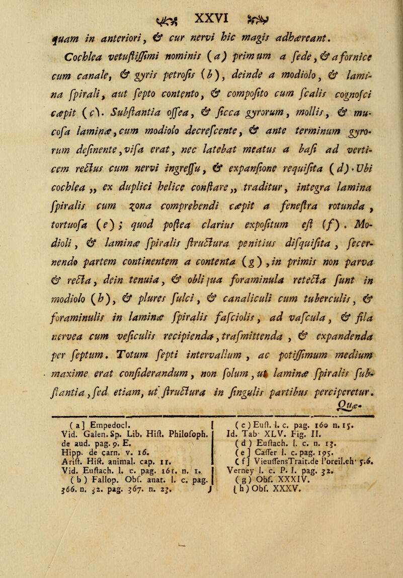quam in anteriori, & cur nervi hic magis adhareant, Cochlea vetuftijfimi nominis (a) primum a fede,&afornice cum canale, & gyris pctrofis (h), deinde a modiolo, & lami- na fpirali, aut fepto contentoy & compofito cum fcalis cognofci ctfpit ( c\. Suhftantia ojfea, & ficca gyrorum, mollis, & rnu- cofa lamina^cum modiolo decrefcente, & ante terminum gyro- rum definente ^vifa erat, nec latehat meatus a hafi ad verti- cem retlus cum nervi ingrejfu, & expanfione requifita (d)>Uhi cochlea „ ex duplici helice conftare „ traditur, integra lamina fpiralis cum ^ona comprehendi c<epit a feneftra rotunda , tortuofa (?); quod poftea clarius expofitum eft (/) . Mo- dioli, & laminae fphalis ftrutlura penitius difquifita , fecer- nendv partem continentem a contenta (g) yin primis non parva & recla, dein tenuia, & ohlijua foraminula retetla funt in modiolo (h), & plures fulci, & canaliculi cum tuherculis, & foraminulis in lamina fpiralis fafciolis, ad vafcula > & fila nervea cum veficulis recipienda >trafmittenda , & expandenda per feptum, Totum fepti intervalhtm , ac potijfimum medium maxime erat confiderandum, non folum, ut laminoe fpiralis fuh- ftantia yfed etiamt ut ftruclura in fingulis partihus perciperetur, ( a] Empedocl, Vid. Galen. Sp. Lib, Hift. Philofoph. de aud. pag. 9. E. Hipp. de carn, v. 16. Arift. Hift, animal. cap. 11. Vid. Euftach. 1. c. pag. 16r, n, 1. C b ) Fallop. Obf. auat. 1. c. pag. (c)Euft. I. c. pag. 160 n. ij. Id. Tab- XLV. Fig. II. ( d ) Euftach. I. c. n. ij. (e] CafTer I. c. pag. ipj. C f ] VieuflensTrait.de 1'oreil.eh f.6» Vemey I. c. P. I. pag. 32. ( g ) Obf. XXXIV. 366. n. ^2. pag. 367. n. 2?. ) (h)Obf. XXXV.
