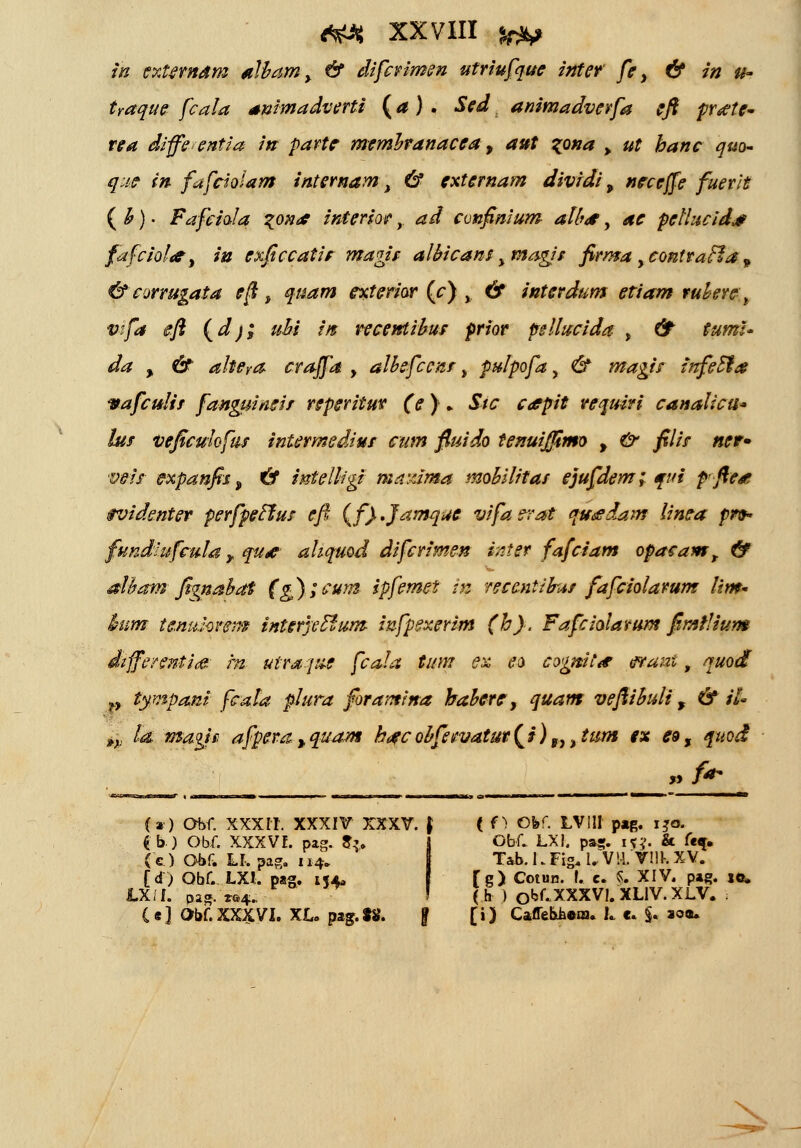 itt extcrnam alhamy & difcrimen utriufque intev fe, & in u~ traque fcala sttimadverti (a) . Sed animadverfa eft prrftc- rea diffe entia in partc membranacca y aut ^ona > ut hanc quo- que in fafciolam internam t & cxtcrnam dividiy nccejfe fuerit ( h) • Fafciala ^ona* interiot, ad cvnfinium alh<* y ae pclhicidje fafciola*, in cxficcatir magit alhicans %magis firma ycontraBa 9 & corrugata eft, quam exterior (r) , & interdum etiam rubere t vifa efi (dj; uhi in recewtihus prior psilucida , & tumU da y & altera crajfa , albefcenr, pulpofa, & magis infeSfa vafcuiis fanguineis reperitm (e) * Stc ca*pit requiri canalicu* lus vcficuiofus intermediut cum fiuido tenuiffimo y & filis ncr» veis cxpanfis y & intelligi mazima mobilitas ejufdem; qui ffics ividenter perfpetlus eft {f).Jamque vifaerat qu&dam linea prv- fundiufcula y qua ahquod difcrimen inUt fafciam opacam, & alham fignabat (g);cum ipfemet iv rcccntihut fafciolarum Um- hnm tenuhrem interjecJum wfpexerim (h). Fafcioiarum fimrlium differentidg: m utrajue fcala tum ex eo cognita' wani, quod » tympani- fcala plura foramina habcrc y quam veftihuli r & il- y>! la maqj* afpera yquam h$cobfetvatut(j)f,%tum ex csy auod (*) Obf. xxxn. xxxiv xxxv. i%.) Obf. XXXVL pag. S*. (e.) Qbf. LI. pag. 114» [<f) Qbf. LXL pag. 154, LX/I. pag. r&4.. - C «] Obf. XXXVI. XL. pag. *8. ff) Ofcf. LVill pag. ijo. Obf. LXI. pa«. 1*?. & fe^, Tab.LFig.UVM.Vlll-.XV. f g) Cotun. f. e. S. XIV. pag. je» (h ) oW-XXXVVXLlV.XLV. ■ [i) Caffebiicra. L c. $* aoa. \