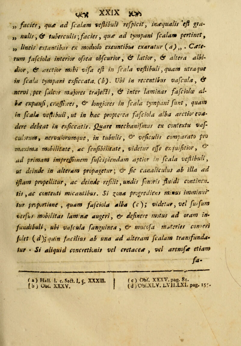 „ faciesy qu<e ad fcalam veftihuli refpicit, inaqualis 'eft gra- „ nulisy& tuberculisyfacies, qu<e ad tympani fcalam pertinet, „ lineis extantibut ex modsolo exeuntibM exaratur (a))y . Cxte- rum fafciola interior ofsea obfcurior, & latior, & altera alhi* dior y & arctior mihi vifa eft in fvaia veftihuli yquam utraque in fcala tympani exficcata. (b). Uhi in recentihus vafcula, & nervi, per fulcos majores trajecli, & inter laminar fafcioloe al-> l<e expanfi, cfajjtorcs, & longkres in fcala tympani funt, quam in fcala ve(tihuii yut in hac propwea fafciofa alha arctiweva- dere debeat in exficcatis. Quare mechanifmus ex contextu vaf cuhrnm% nervuhrumque, in tuhulis, & veficulis comparato pro maxima mohilitate, ac fenfihilitate, videtur effe exquifitior, ^* */*/ primant imprejfionem fufcipiendam aptior in fcala veftibua, »f </«W** /# alteram propagetur; c^ /?r canaiicuhs ab illa ad iftam propeIIitury ac deinde refilit yundis fmris ftitldi continra. tis yac contenti micaniihus. Si ?ona progrediens minus immimti' tur prvportiene , quam fafciola alba (c); videtuf yvel furfum vsrfus mobilitas laminoe augeri y & definere motus ad oram in* fundibu\iy uhi vafcula fanguinea , & mucofa materies conocri fdet (d)jquin f/icilius ab ttna ad alteram fcalam tramfunda- tur • Si aiiquid concretknis vel cretace* , vd annofa etiam fa- < a > Hatl. f. c. Sea. L £. XXXIH. I ( c ) Obf. XXXV. pag. 81. [b)Ow. XXXV. (d;Obl.XLV,LVli.LXLpag.is:«