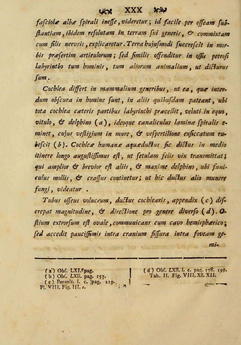 fafcioU alh<e fpirali inejfe, videretur, id facile per offeam fuh ftantiamyihidem refolutam.in terram fui generis, & commixtam cum filis nerveis, explicaretur . Terra bujufmodi fuccrefcit in mor~ his prafertim artieuhrum; fed fimilis offenditur in ojfis petrofi lahyrintho tum hominis f tum aliorum animalium, ut diffiurur fum. Cochlea differt in mammalium generihus , ut ea, qu<e inter- dum ohfcura in homine funt, in aliis quihufdam pateant y uhi tota cochlea c<eterir partihus lahyrinthi pr<ecellit, veluti in equo, vitulo, & delphino (a), ideoque canaliculus lamin<e fpiralis e- minet, cujur veftigium in murey & vefpertilione exficcatum ru» iefcit (£). Cochle<e humanje aqu<eduSfus fic diSius in medio itinere longo auguftijfimus eft y ut fetulam felis vix transmittat; qui amplior & hrevior efl aliir, & maxime delphino y uhi funi- culus mollisy & crajjur continetur,' ut hic dutlur alio munere fungi y videatur . Tuhus ojfeus voluc.rumy duHus cochlearis, appendix (r) dif- crepat magnitudiney & dheffione pro genere diverfo (d), Q- ftium extrorfum eft ovale ycommunicans cum cavo hemisph<erico\ fed accedit paucijfimis intra cranium fijfura intra foveam ge- mi~ ( a') Obf. LXLrpag. I ( d ) Obf. LXIT. I. e. pac;. i7g. ip9- (b) Obf. LXI!. pag. tyj. I Tab. II. Fig. VIII. XI. XII. ( c) Perault. I. c. tpag. aip. __ PI. VIIl.Fig.Iir.*. i-*