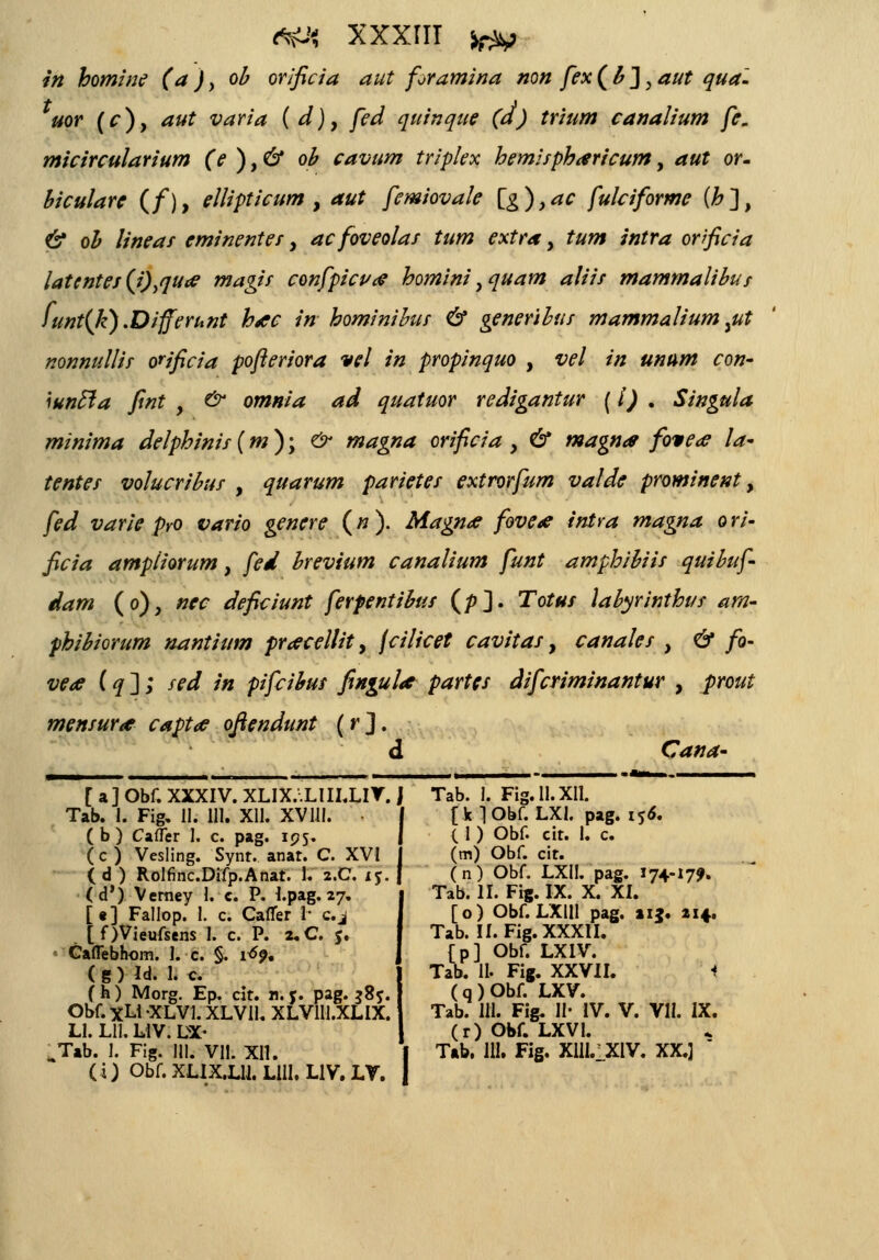 && xxxrn ^v in homine (a ), ob orificia aut framina non fex (b], aut qua~. uor (c), aut varia ( d), /?*/ quinque (a) trium canalium fe. micircularium (e ), & ob cavum triplex hemisph<ericum, aut or- biculare (/), ellipticum , <Mtf femiovale [g),ac fulciforme (£], 6* o£ //«^/ eminentes, ac foveolas tum extra, ta>» /7tf r<* orificia latentes (i)yqute magis confpicua homini, ^«^w aliis mammalibus funt(k) .Differunt h*c in hominihus & generibus mammalium yut nonnullis ouficia pofteriora vel in propinquo , vel in unum con- iuncla fint , & omnia ad quatuor redigantur (i) . Singula minima delphinis(m)\ & magna orificia, & magna foverf la- tentes vohcribus , quarum parietes extrorfum valde prominent, fed varie pro vario genere (n). Magna fovea intra magna o ri- ficia ampliorum, fed brevium canalium funt amphibiis quibaf dam (o), nec deficiunt ferpentibus (/>]. Tottts labyrinthus am- phibiorum nantium praecellit, fcilicet cavitas, canales , & fo- veoe (q ]; sed in pifcibus fingul* partes difcriminantur , prout mensura capta ofiendunt (r]. d Cana- [ a] Obf. XXXIV. XLIX..LIILLIT. j Tab. 1. Fig, II. 111. Xll. XV111. (b) Caffer 1. c. pag. 195. (c ) Vesling. Synr. anar. C. XVI (d ) RoIfinc.Difp.Anat. 1. 2.C. l% (d') Verney I. c. P. l.pag. 27. [«] Fallop. 1. c. Cafler 1- c.j . [OVieufsens 1. c. P. 2.C. 5. Caflebhom. 1. c. §. rf?, (g) Id. 1. c. ( h) Morg. Ep. cir. n. j. pag. j8%. Obf. xLi -XLVl. XLVU. XLVlll.XLIX. Ll. Lll. LIV. DX- (i) Obf. XLIX.L11. Llll, LIV. LV .1 Tab. 1. Fig.ll.XIl. [klObf. LXI. pag. 156. ( 1) Obf. cir. 1. c. (m) Obf. cit. (n) Obf. LXII. pag. 174-17?» Tab. II. Fig. IX. X. XI. [o) Obf. LXlll pag. aij. 214. Tab. II. Fig.XXXlI. [p] Obf. LXIV. Tab. 11. Fig. XXVII. i ( q ) Obf. LXV. Tab. 111. Fig. II- IV. V. VII. IX. (r)Obf. LXVI.