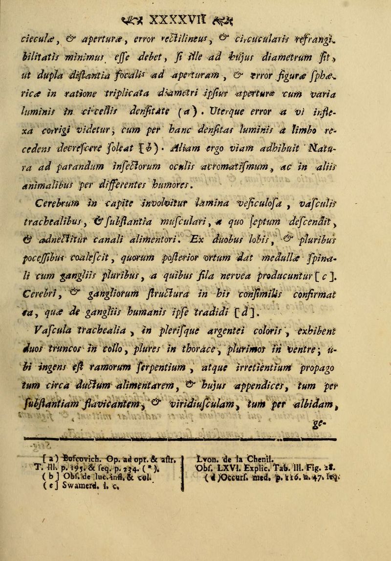 ciecula?, & apertur<*, error rcBilintufy &* circueularif ftfrangL bilitatis wimmuf effc -debet, j? /Y/? ad hii)uf diametrum fit $ ?tf dupla difiantLa foc&lis ad ape^uram , & trror .figura fpha^ ric<e in tathne triplicata dt&mttri ipfim •apettunt -cum varia luminif tn ei^ceflis derifitate (a) . Uttrque error *t vi infie- xa corYigi videtur, cum per hanc denfitaf luminif a timbo rc* cedenf devrefetrt foltat f^)« Alvam ergo viam adhibuit '$LaH- ra ad parandum irifeBorum ocnlif avrcmatifmum 9 ac in aiiis ariimaVtbuf per differentes humores. Cerebrum in •cafiie involvitut iamina veficulofa , vafculif trachtalibus y t$ fubflaritia mufculari ,■« quo [tptum defcenMit y & adneUitur canali alimentori. Ex duobuf lobif t & pluribus focejfibui coaltfcit, quorum pafteriot ortum ;dat medullafpin-a- li cum gangtiif pluribus, a quibus fila nervea producuritur £ c % Certbri,' & gangliorum ftrutlura in his corifimilis confirmat ta, qu<c dt gangliis humanis ipfe tradidi [ d ].' Vafcula trache^Iia , in plerifque argentei coloris\ txhibent duos iruncos in collo, pluresin ihorace^ plurimos in veritre; u- U ingens tft ramorum ferpentium > atqut irretienttunt propago ium tkca ducJum alimeritaremy & hujus <appendices9 ium per fubflaritiam flavicanttnr^^ viridiufculam^ tum ptr albidam, Ofim f a ) •fcofcovich. Gp. ad opt. & aftr. T. -ni.p.i^.&feq. p.m. (»). ( b J Obf. <le luc.4n4i. & <el. (e] Swamertl, 1» u V' Lvon. de 1a Chenil. 'Obf. LXVl. txplic. tab. III. Fig. zt. { 4 jOccurf. med. p. 116. a, 47. ftqt
