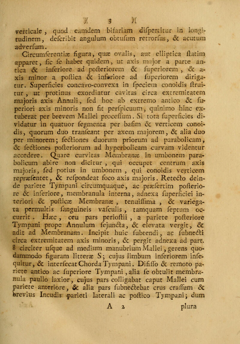 vefticale , quod eamdem bifariam difpemtur in longi- tudinem, defcribit angulum obtufum retrorfus, & acutum adverfum. Circumferentiae figura, quac ovalis, aut elliptica flatim apparet, fic fe habet quidem, ut axis major a parte an- tica & inferiore ad pofteriorem cc fuperiorem , & a- xis minor a pofHca & inferiore ad fuperiorem diriga- tur. Superficies concavo-convexa in fpeciem conoidis ftrui- tur , ut protinus exordiatur cavitas circa extremitatem majoris axis Annuli, fed hoc ab extremo antieo & fu- periori axis minoris non fit perfpicuum, quinimo hinc ex- tuberat per brevem Mallei proceffum. Si tota fuperficies di- vidatur in quatuor fegmenta per bafim & verticem conoi- dis, quorum duo tranfeant per axem majorem, & alia duo per minorem; fecliones duorum priorum ad parabolicam, ck fecYiones pofreriorum ad hyperbolicam curvam videntur accedere. Qiiare curvitas Membranse in umbonem para- bolicum abire non dicitur , qui occupet centrum axis majoris, fed potius in umbonem , qui conoidis verticem reprxfcntet, & refpondeat foco axis majoris. Reteclo dein- de pariete Tympani circumquaque, ac prasfertim pofterio- re & inferiore, membranula interna, adnexa fuperficiei in- teriori & pofHcas Membranas , tenuiffima , ck variega- ta permultis fanguineis vafculis , tamquam feptnm oc- currit . Haec, ceu pars periofrii , a pariete pofleriore Tympani prope Annulum fejuncla, & elevata vergit, & adit ad Mernbranam. Incipit huic fubtendi, ac fubnecti circa extremitatem axis minoris, & pergit adnexa ad part. 8 circiter ufque ad medium manubrium Mallei, gerens quo- dammodo figuram litterae S; cujus limbum inferiorem infe* quitur, & interfecatChorda Tympani. Dififfo & remoto pa- nete antico ac fuperiore Tympani,alia fe obtulit membra- nula paullo laxior, cujus pars colligabat caput Mallei cum pariete anteriore, & alia pars fubneclebat crus craffum <5c brevius Incudis vparieti laterali ac pofHco Tympani; dum A z plura